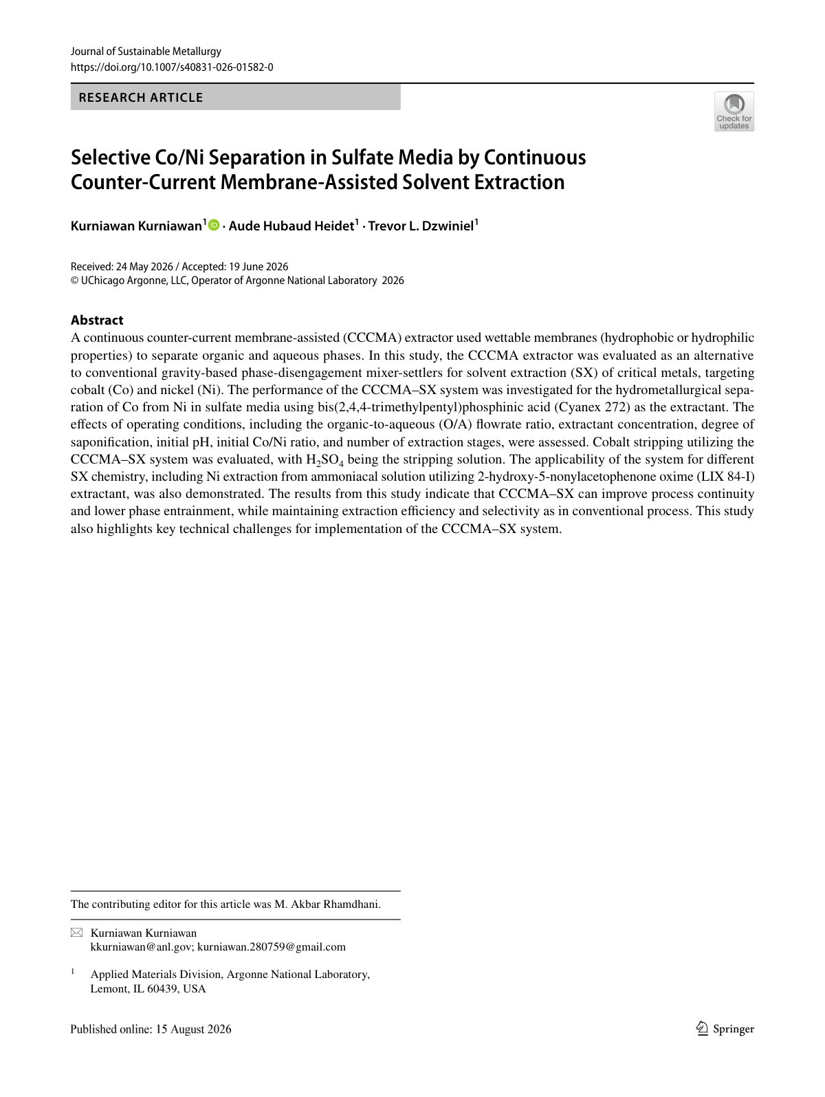 First page of Selective Co/Ni Separation in Sulfate Media by Continuous Counter‑Current Membrane‑Assisted Solvent Extraction