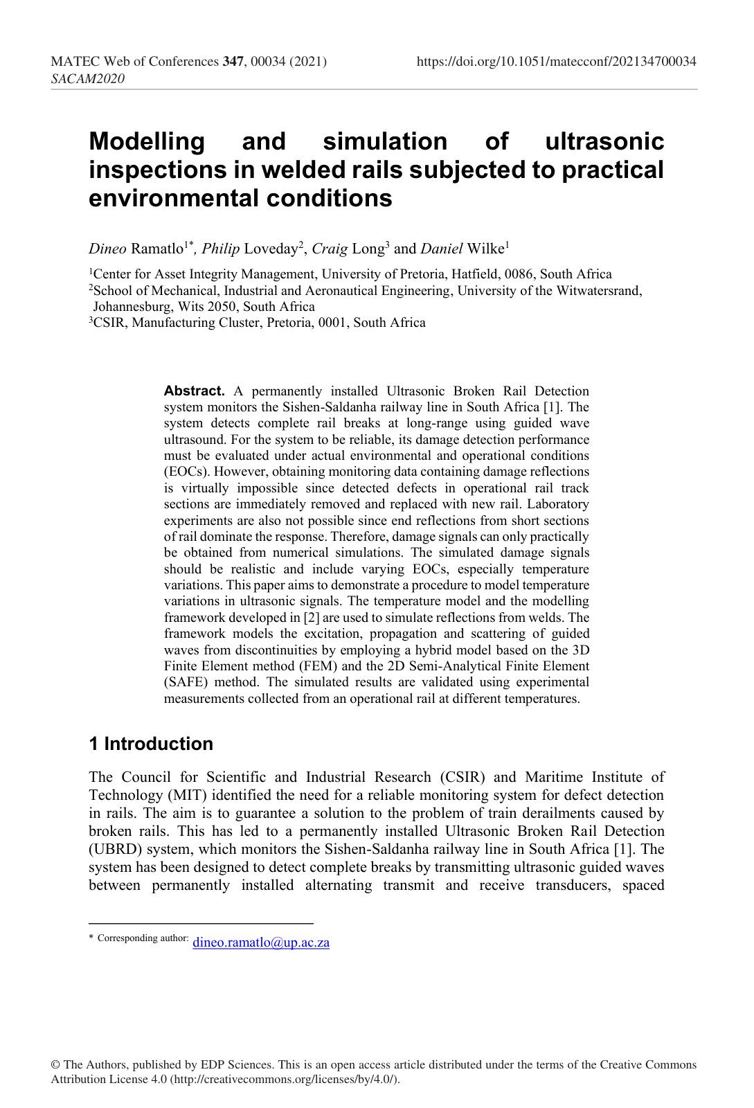 First page of Modelling and simulation of ultrasonic inspections in welded rails subjected to practical environmental conditions