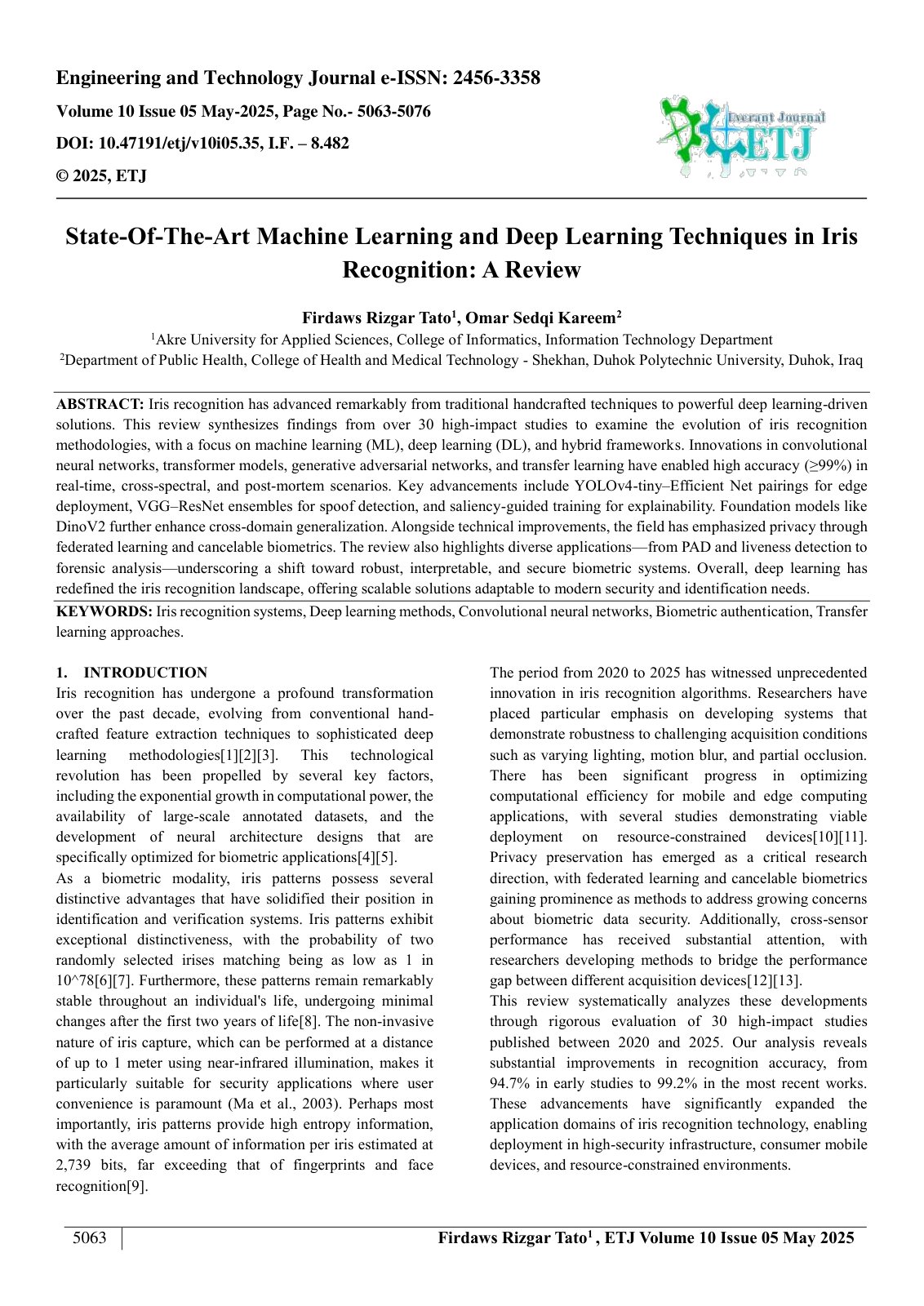 First page of State-Of-The-Art Machine Learning and Deep Learning Techniques in Iris  Recognition: A Review  