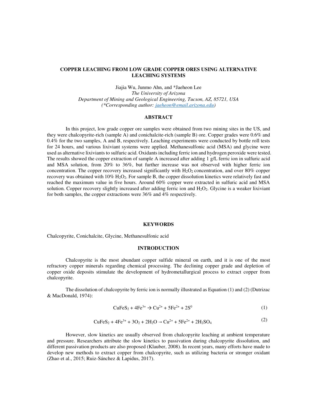 First page of COPPER LEACHING FROM LOW GRADE COPPER ORES USING ALTERNATIVE LEACHING SYSTEMS
