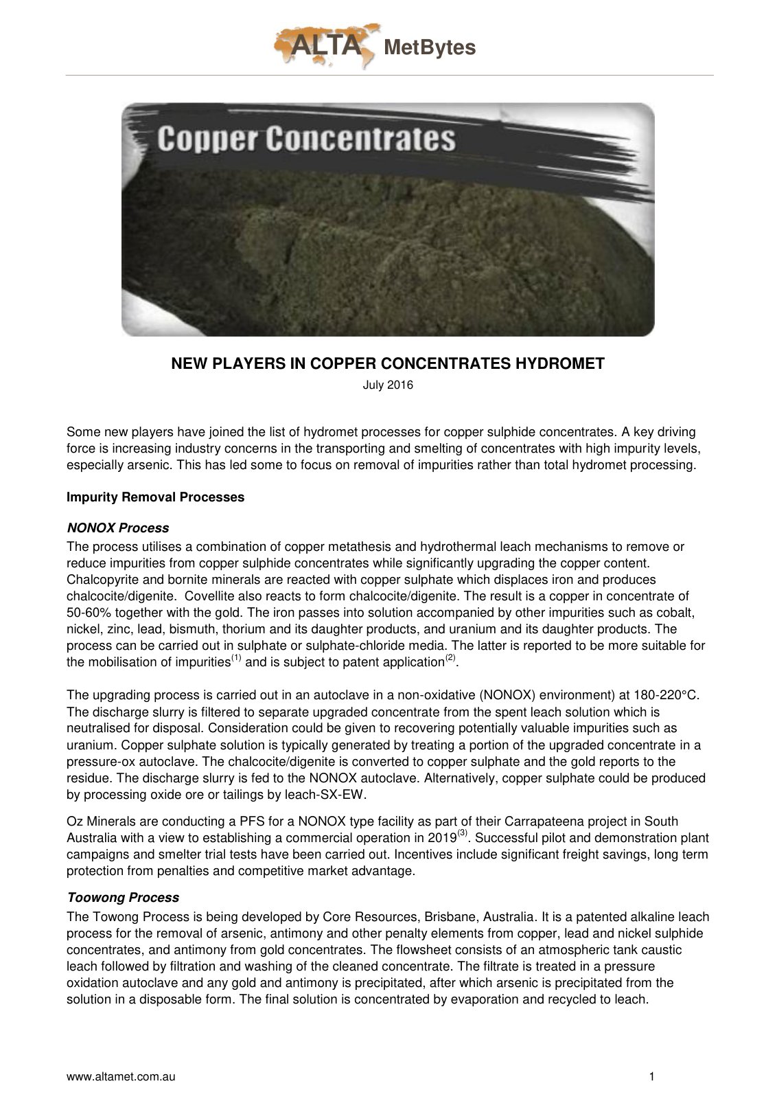 First page of new players in copper concentrates hydromet