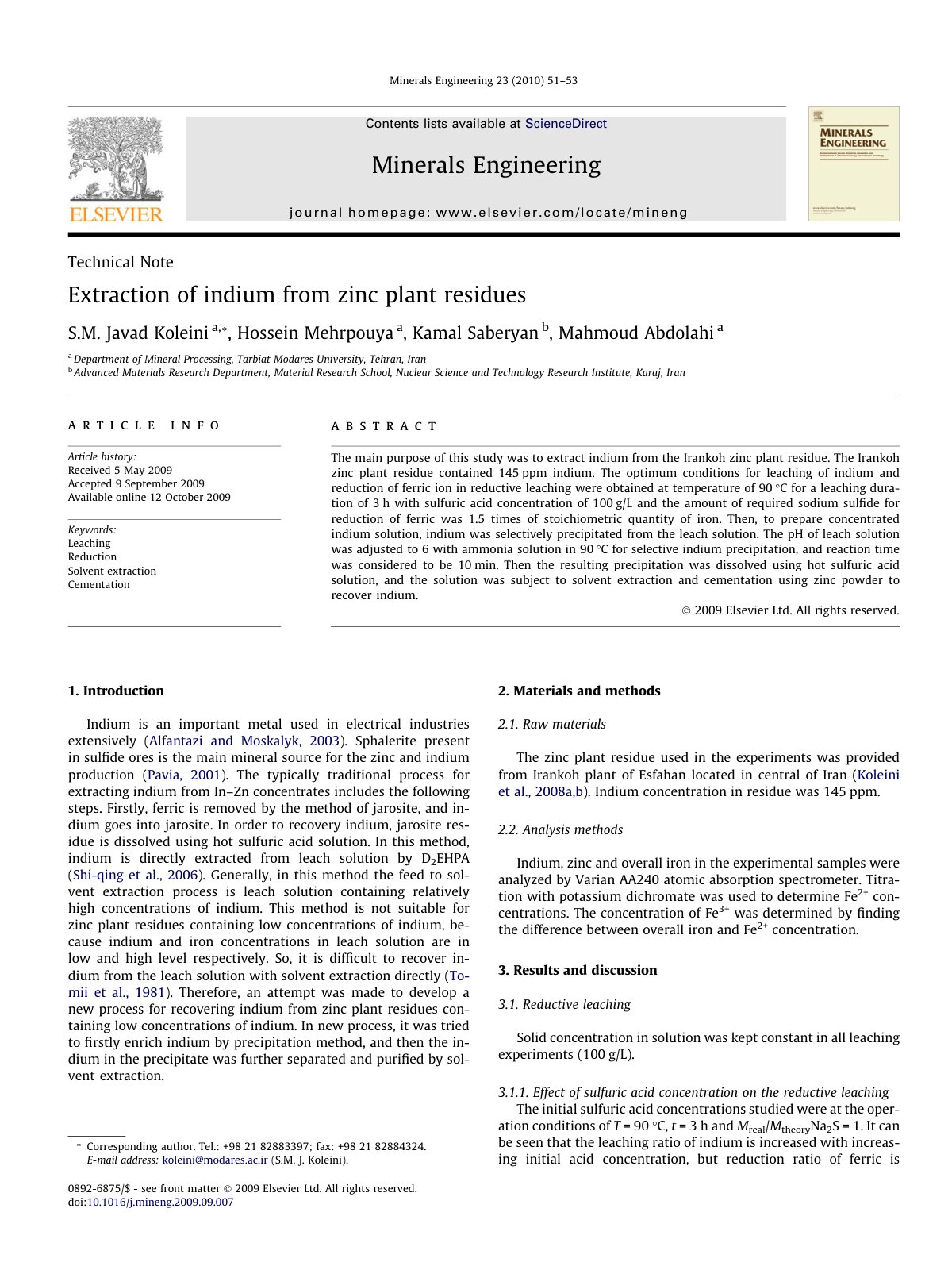 First page of Extraction of indium from zinc plant res (1)