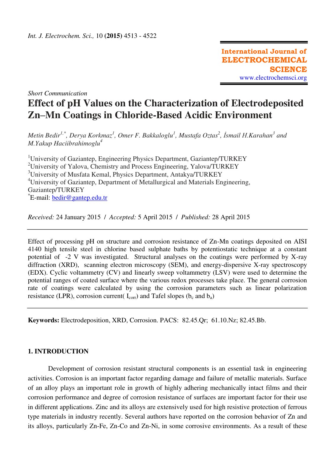 First page of Effect of pH Values on the Characterization of Electrodeposited Zn–Mn Coatings in Chloride-Based Acidic Environment