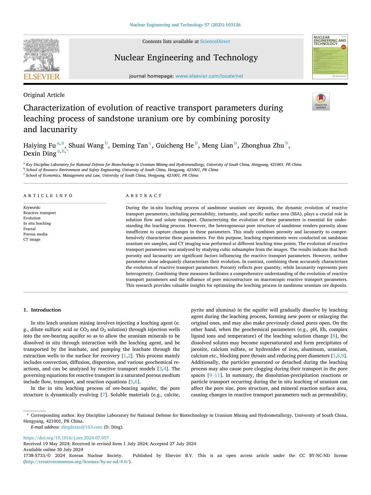 First page of Characterization of evolution of reactive transport param 2025 Nuclear Engin