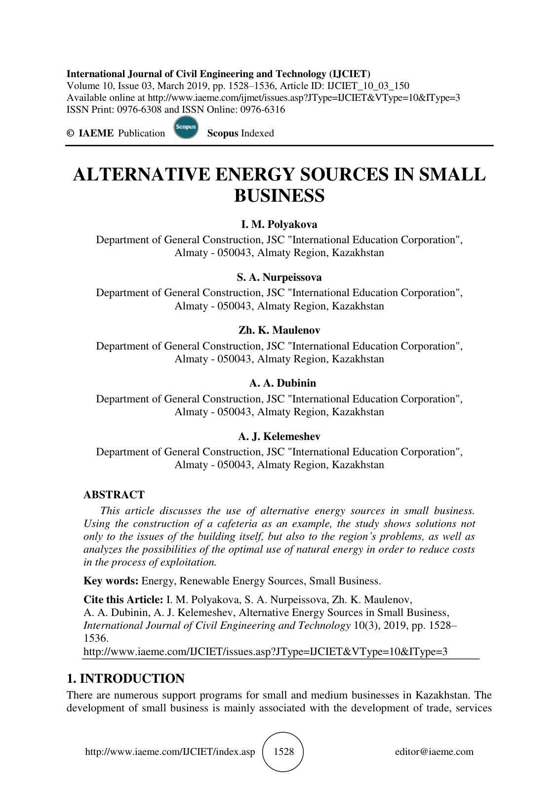 First page of ALTERNATIVE ENERGY SOURCES IN SMALL BUSI