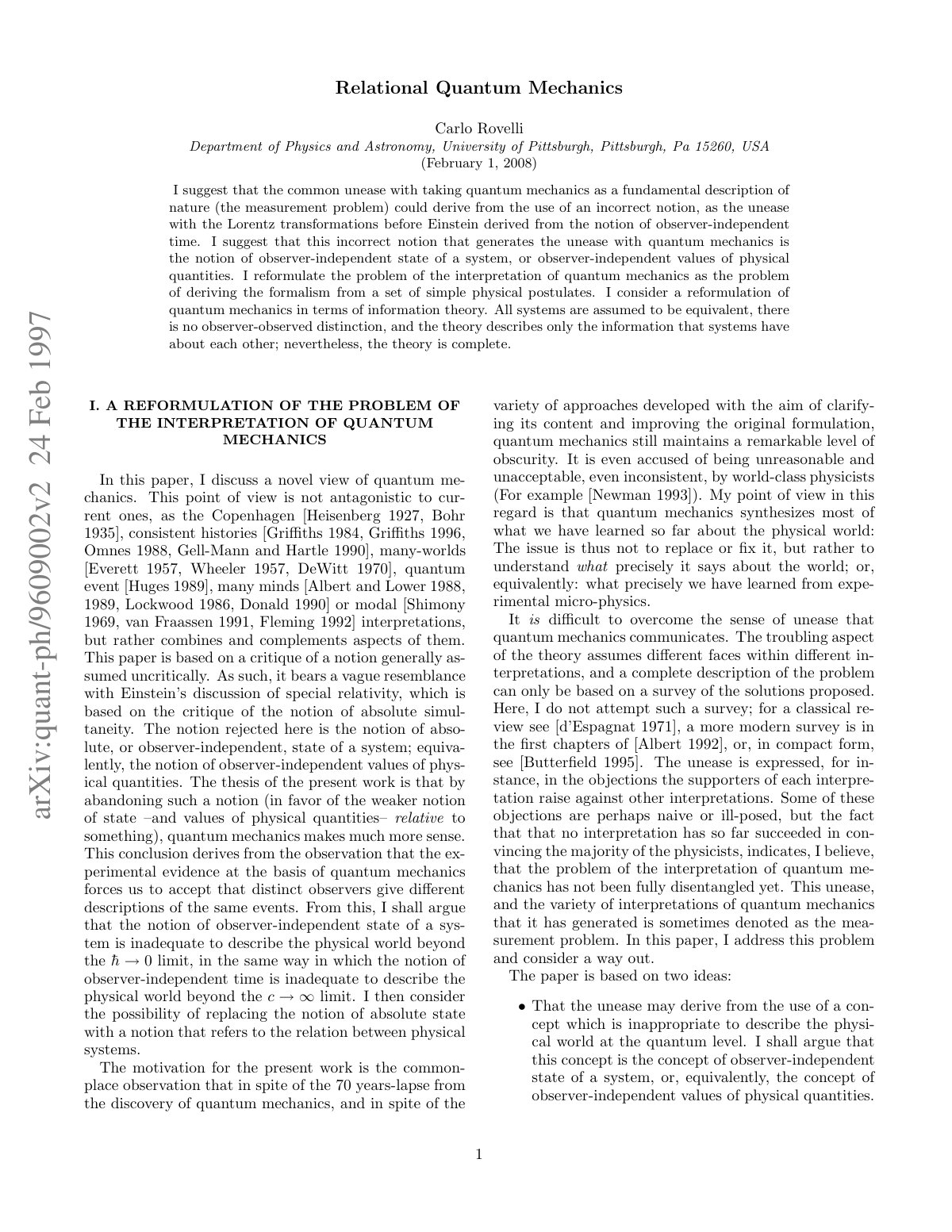 First page of Relational Quantum Mechanics