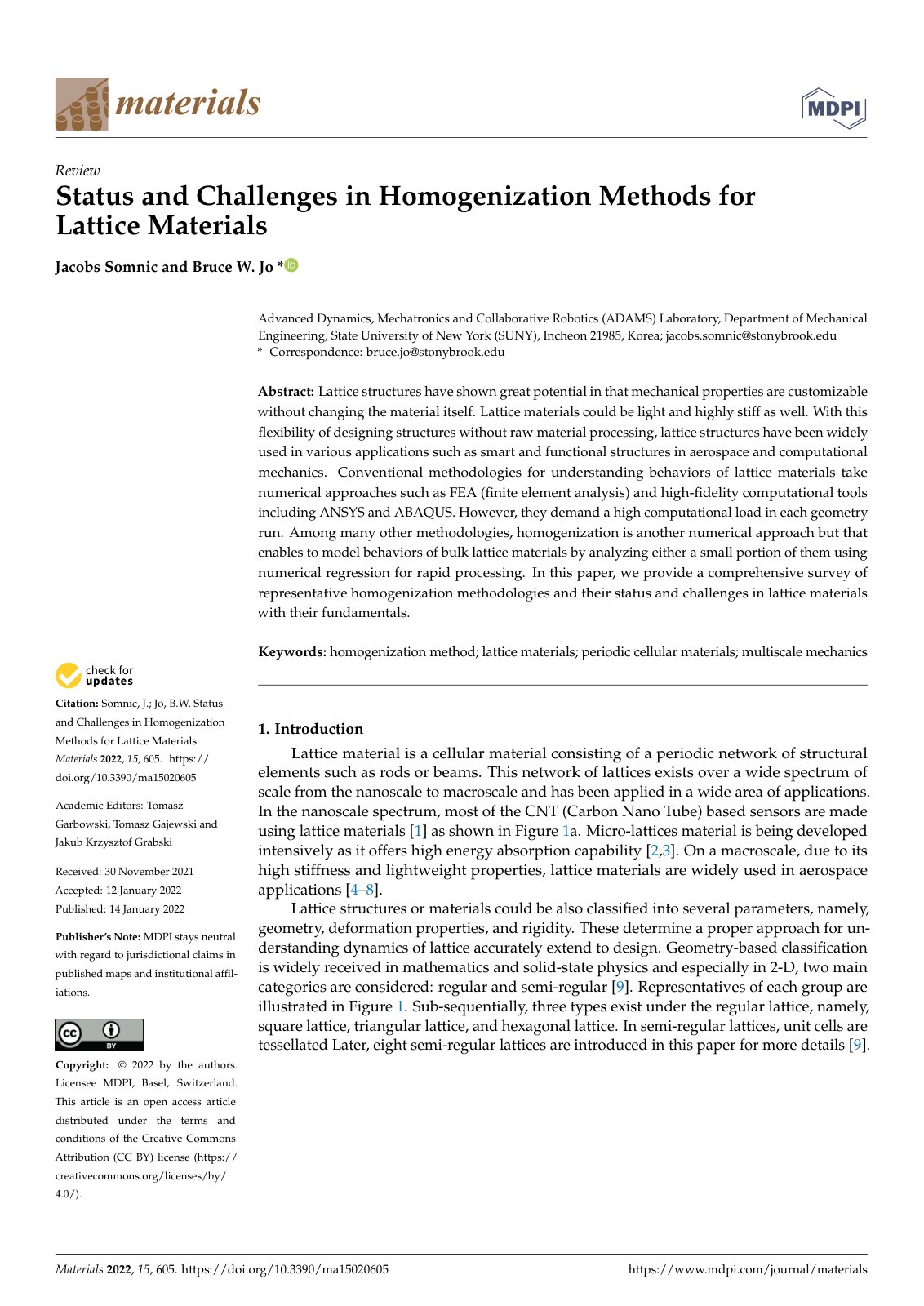 First page of Status and Challenges in Homogenization Methods for Lattice Materials