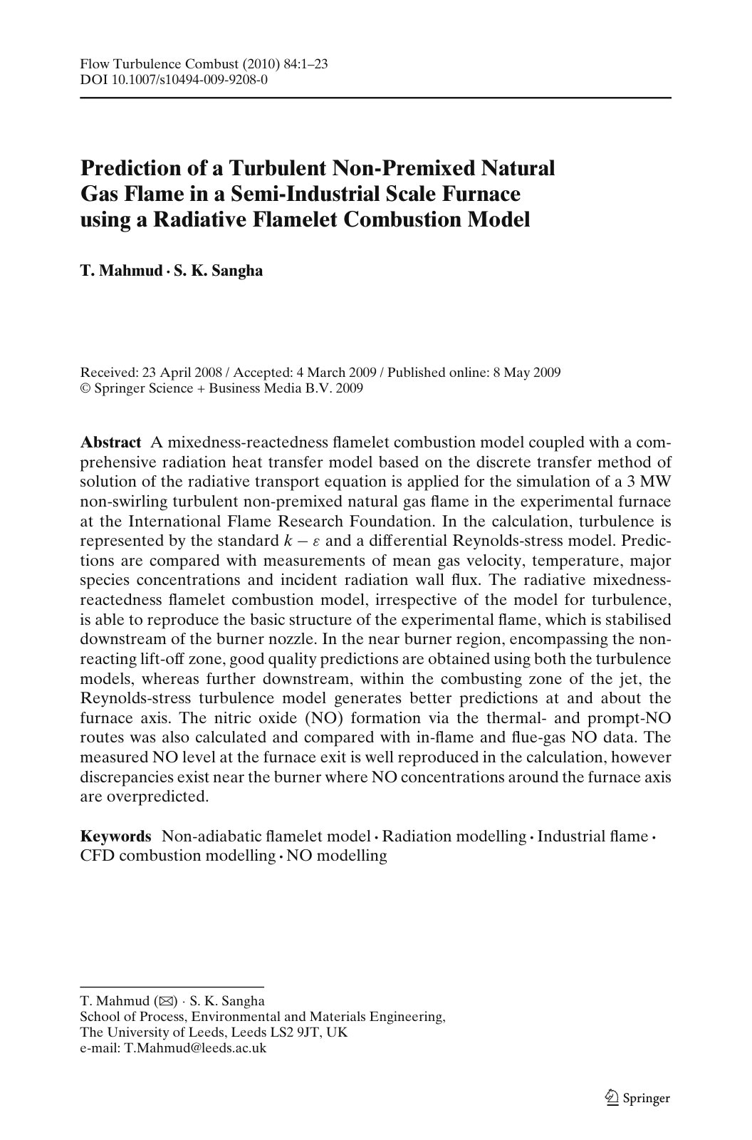 First page of Prediction of a Turbulent Non-Premixed Natural Gas Flame in a Semi-Industrial Scale Furnace using a Radiative Flamelet Combustion Model