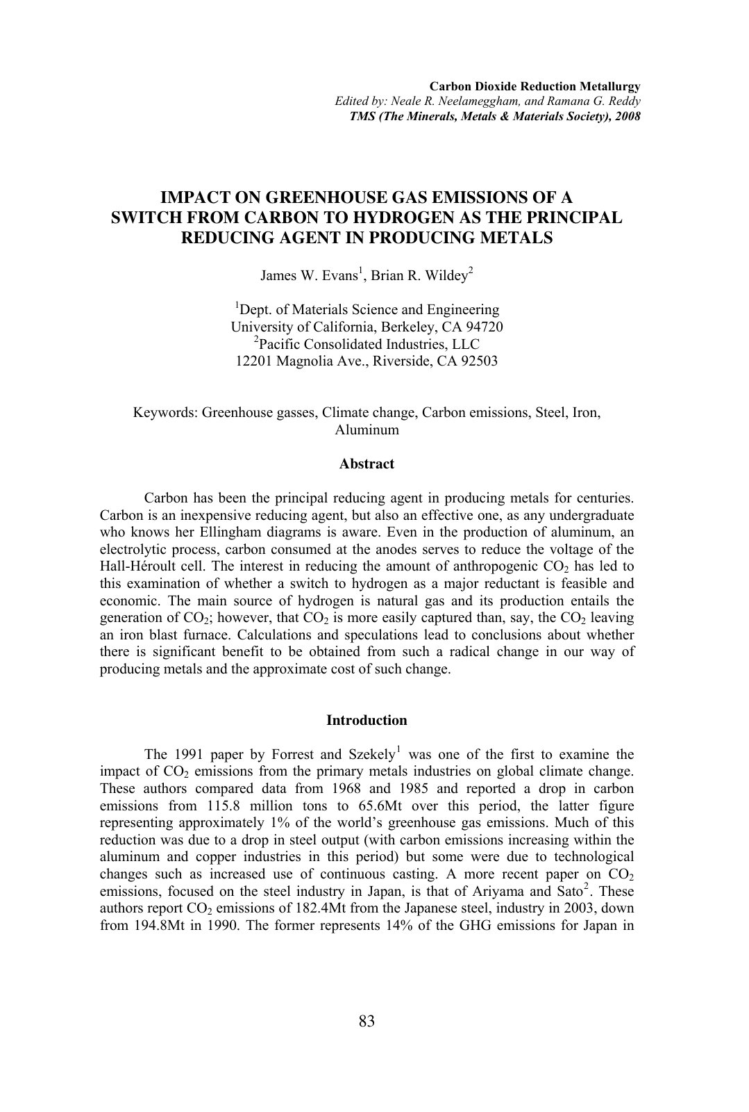 First page of IMPACT ON GREENHOUSE GAS EMISSIONS OF A SWITCH FROM CARBON TO HYDROGEN AS THE PRINCIPAL REDUCING AGENT IN PRODUCING METALS