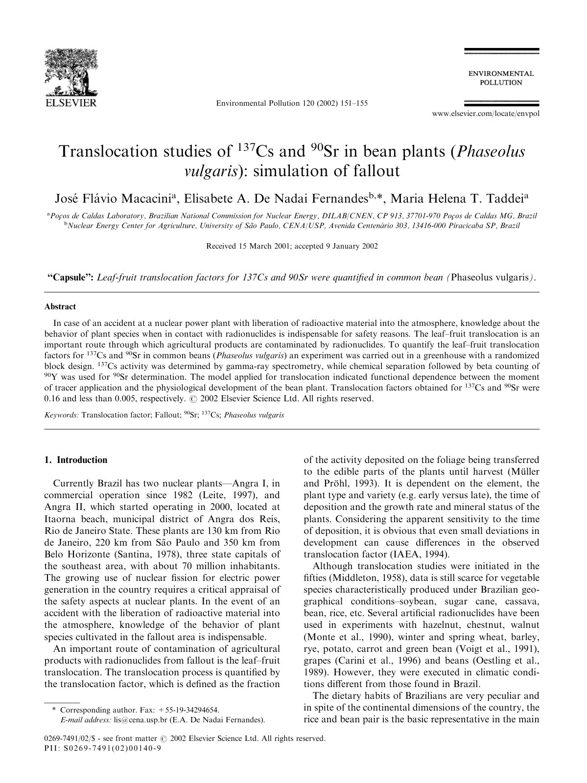 First page of Translocationstudiesof137Csand90Srinbeanplants(Phaseolusvulgaris):simulationoffallout