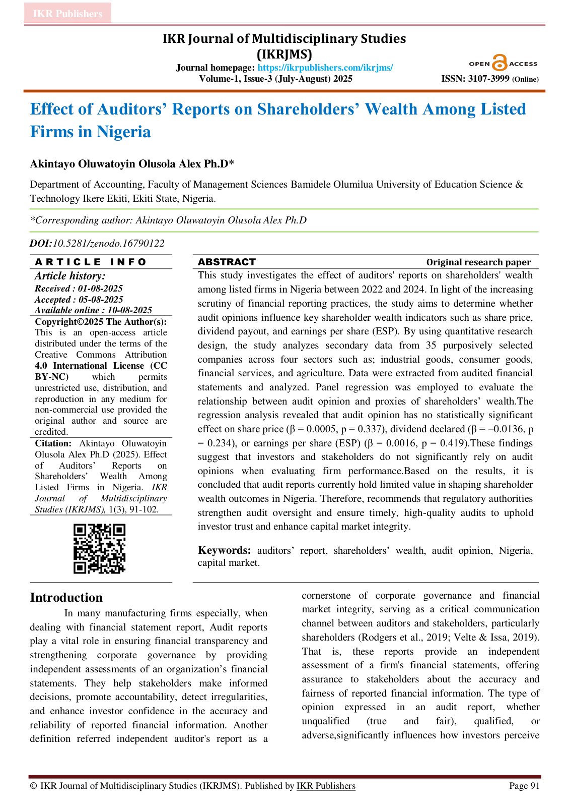 First page of Effect of Auditors Reports on Shareholde