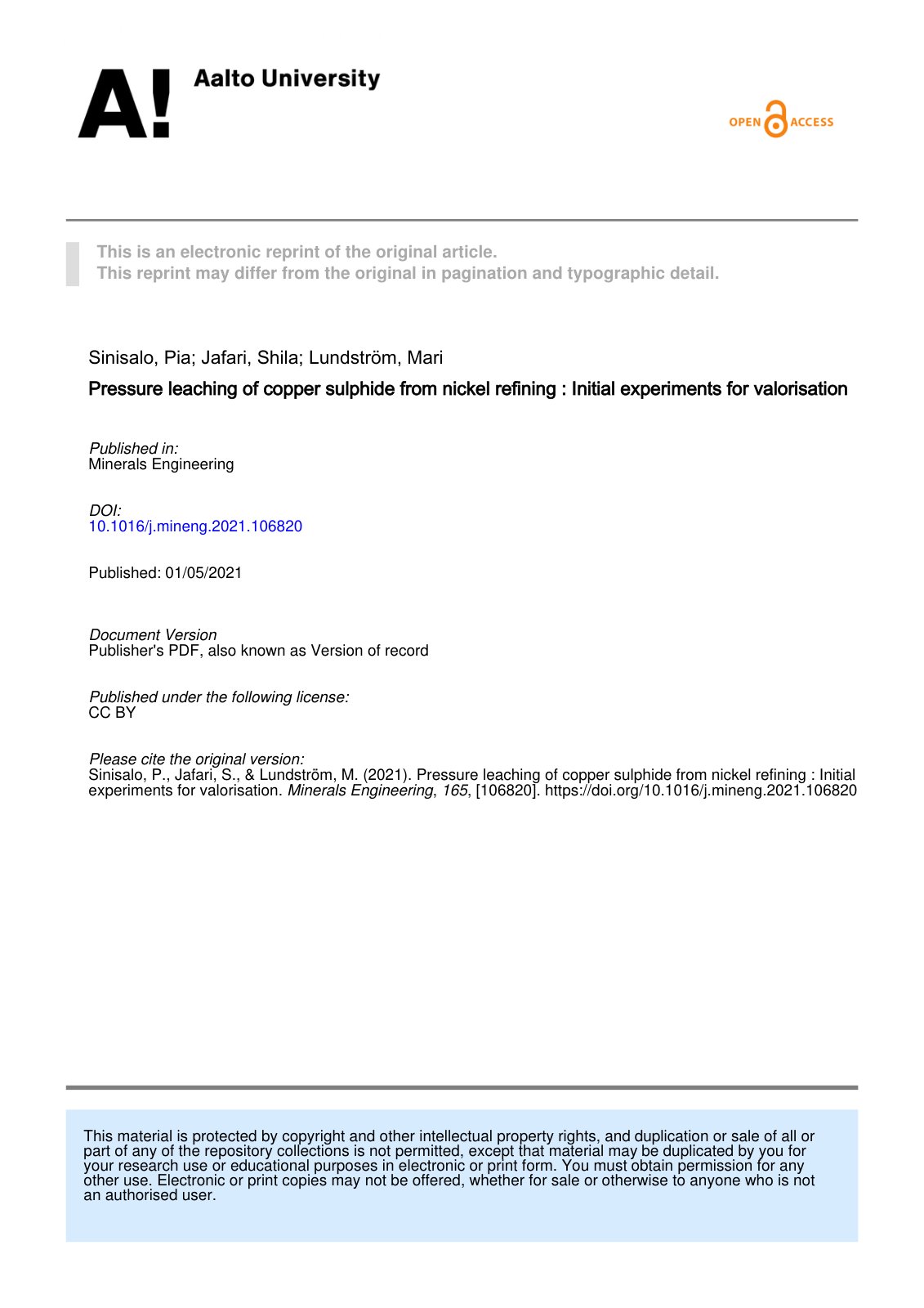First page of Pressure leaching of copper sulphide from nickel refining: Initial experiments for valorisation