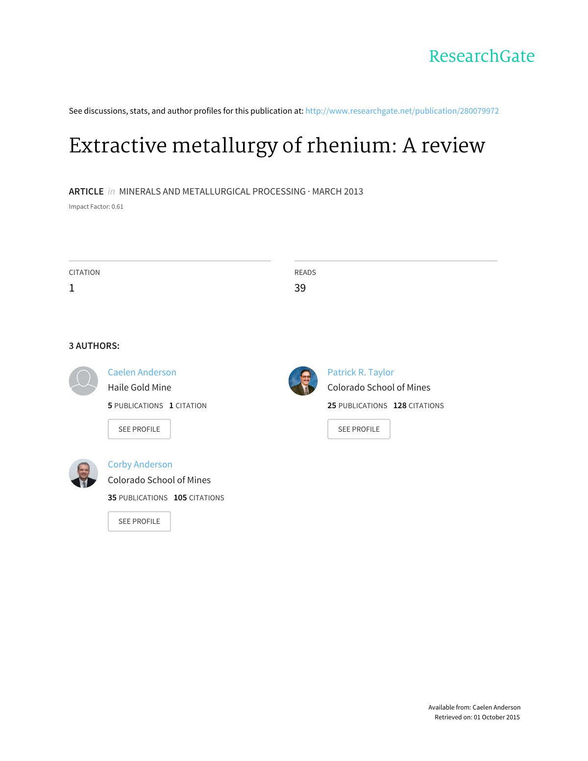 First page of Extractive metallurgy of rhenium: A review