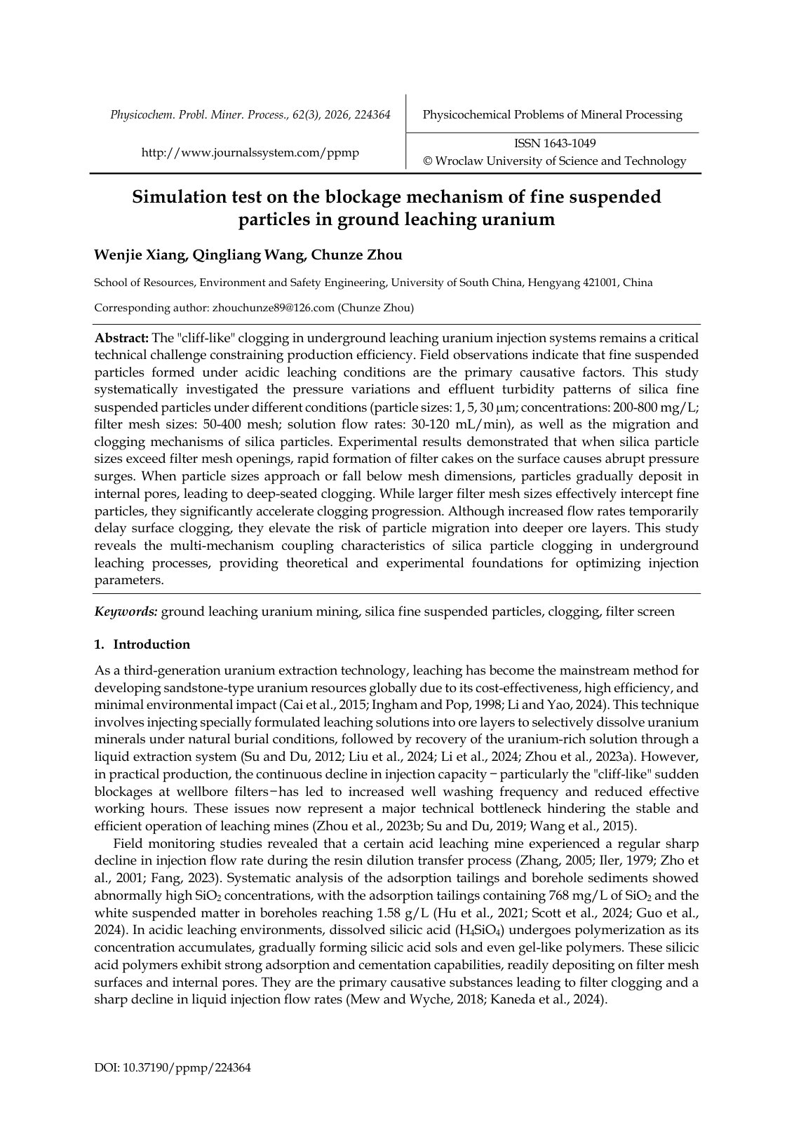 First page of 2026   Xiang   Fine particle blockage in uranium ground leaching