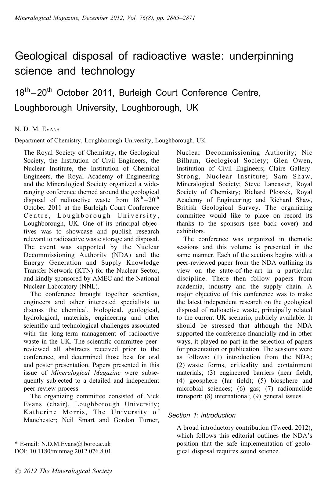 First page of Geological disposal of radioactive waste: underpinning science and technology