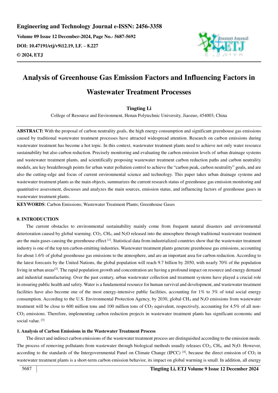 First page of Analysis of Greenhouse Gas Emission Factors and Influencing Factors in 