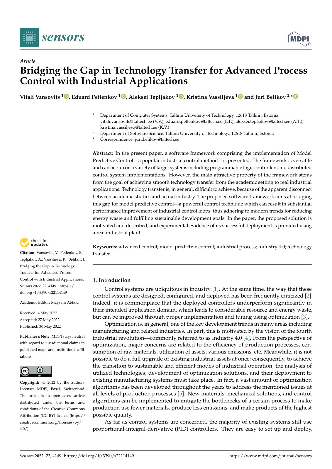 First page of Bridging the Gap in Technology Transfer for Advanced Process Control with Industrial Applications