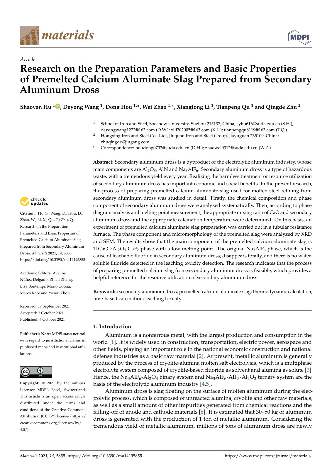 First page of Research on the Preparation Parameters and Basic Properties of Premelted Calcium Aluminate Slag Prepared from Secondary Aluminum Dross