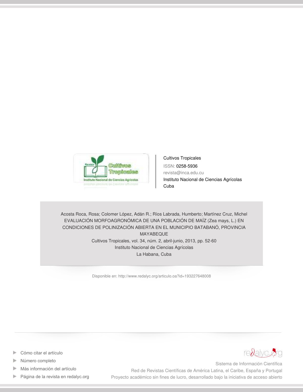 First page of Evaluacion morfoagronomica de una poblac