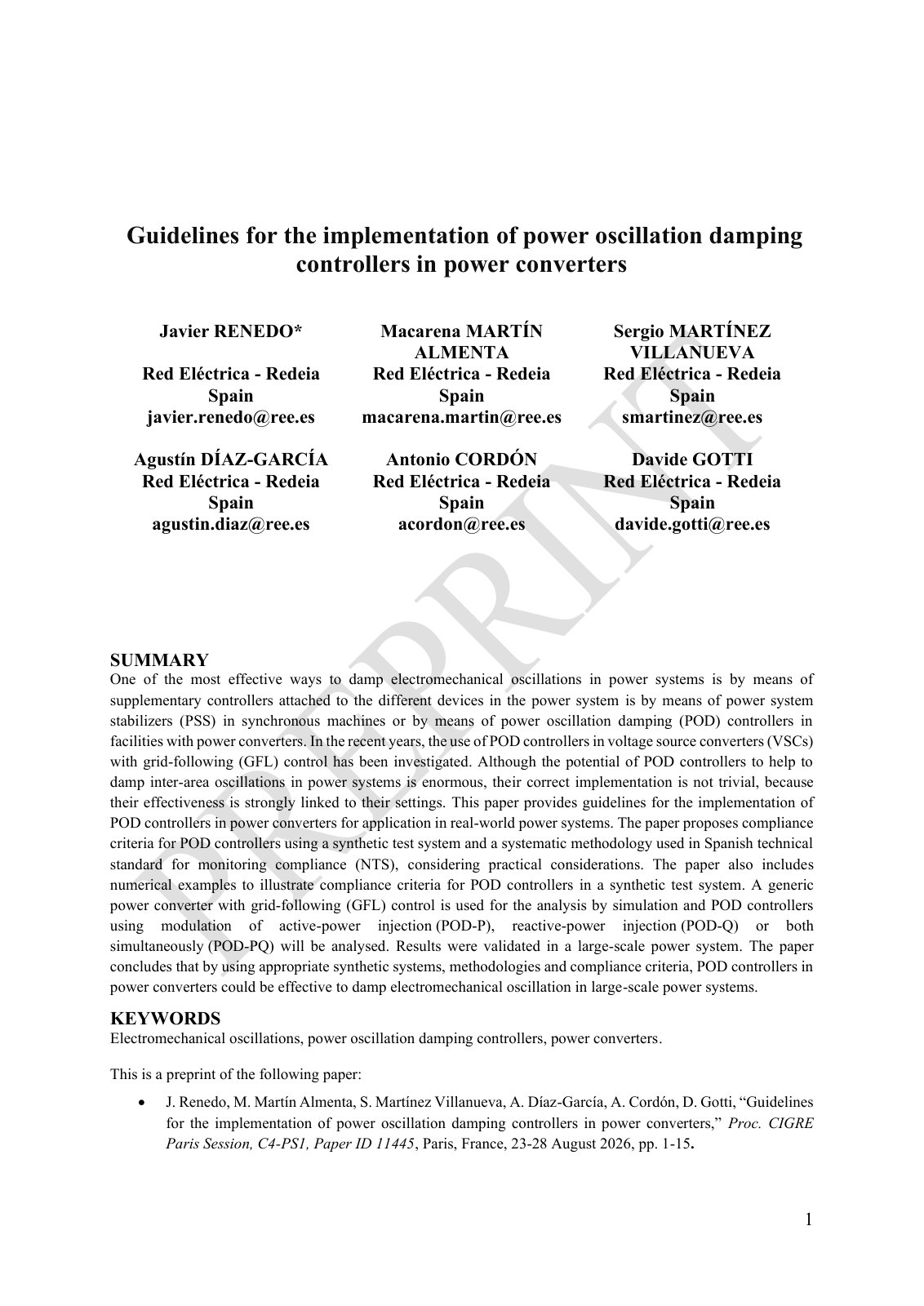 First page of 2026 Renedo Power Oscillation Damping Controller Guidelines