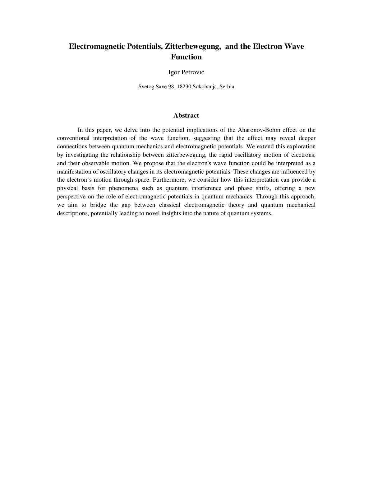 First page of Electromagnetic Potentials Zitterbewegun
