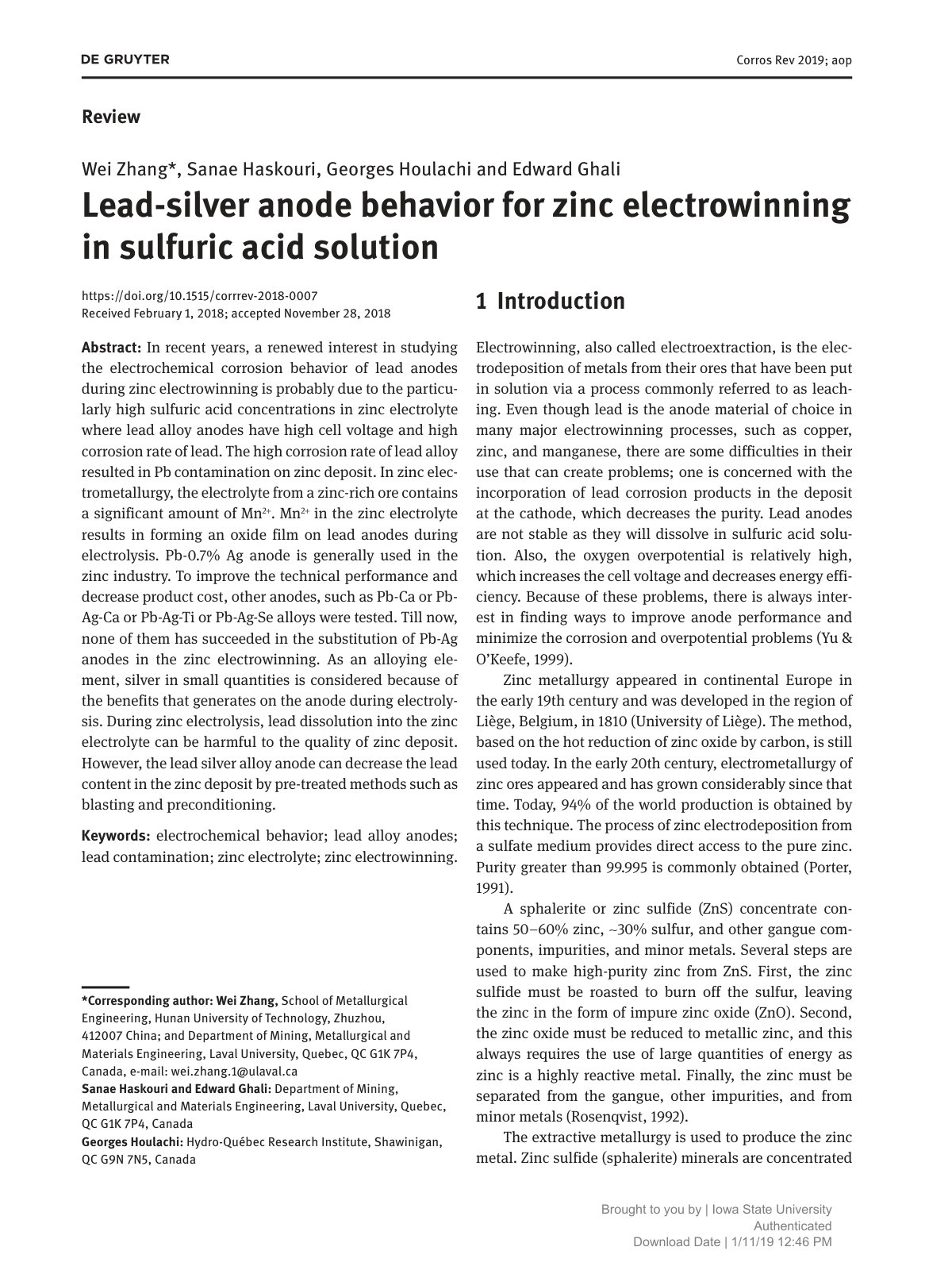 First page of Lead silver anode behavior for zinc elec