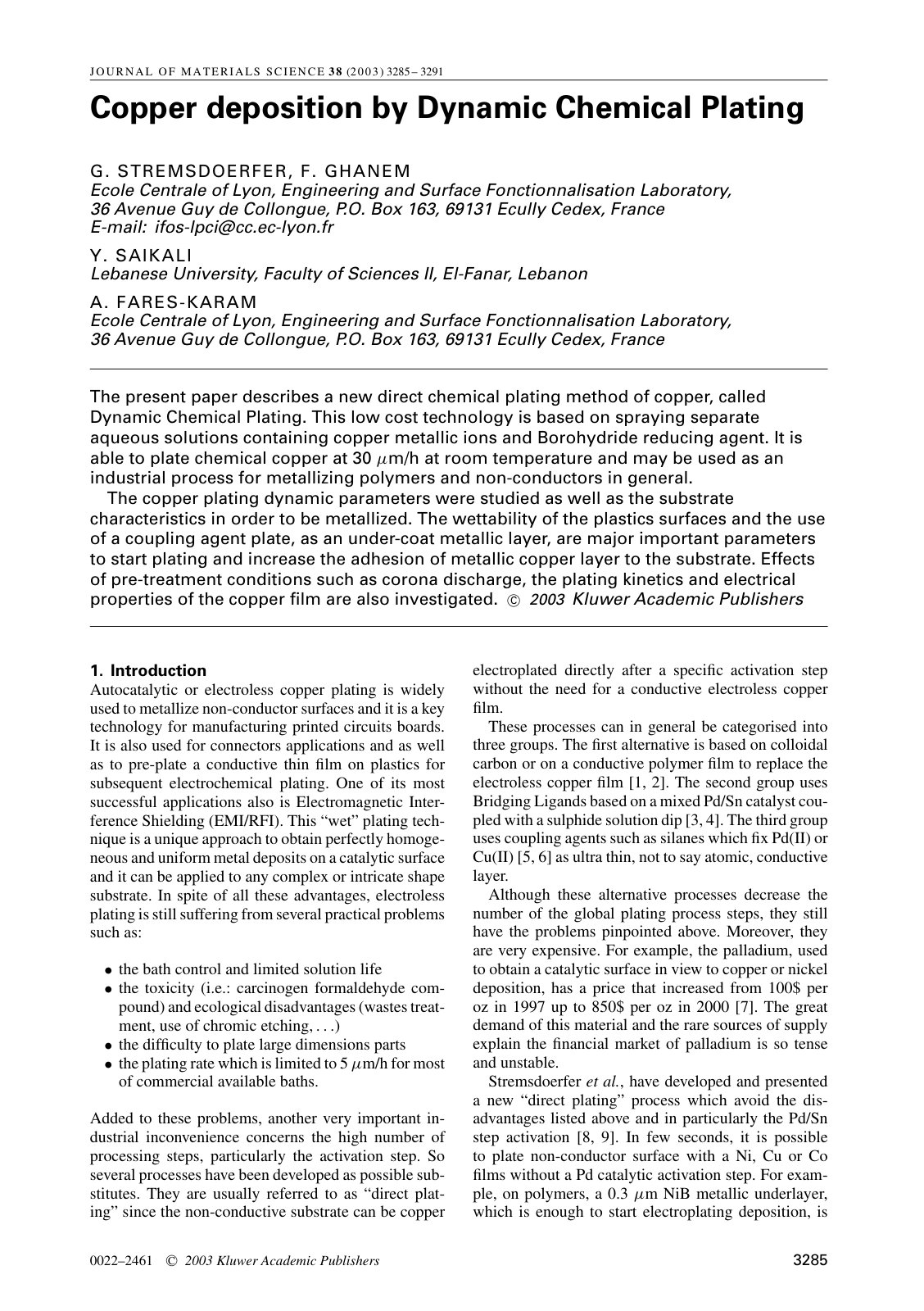 First page of Copper deposition by Dynamic Chemical Plating