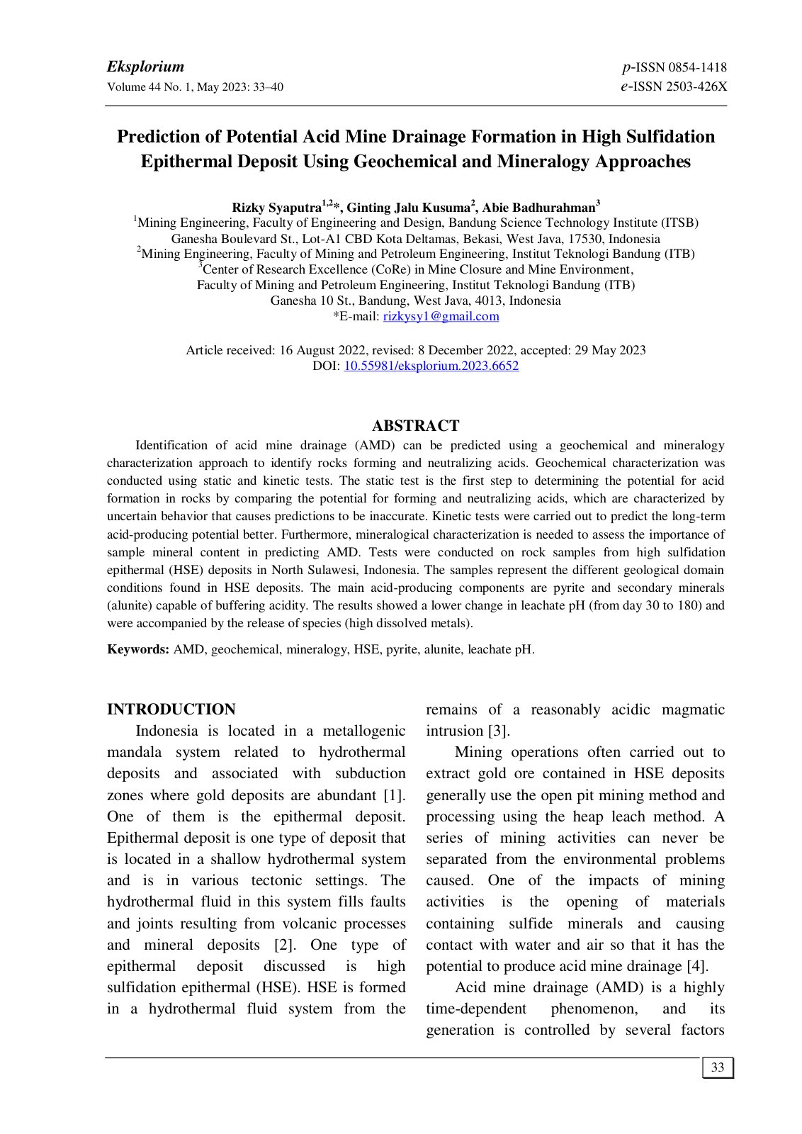 First page of Prediction of Potential Acid Mine Drainage Formation in High Sulfidation Epithermal Deposit Using Geochemical and Mineralogy Approaches