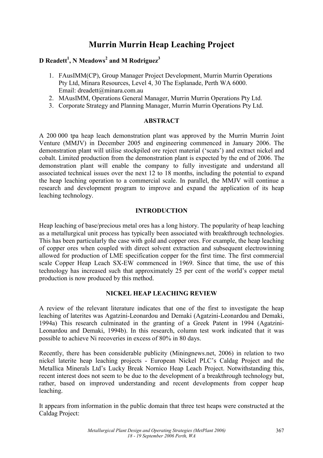 First page of Metallurgical Plant Design and Operating Strategies (MetPlant 2006)