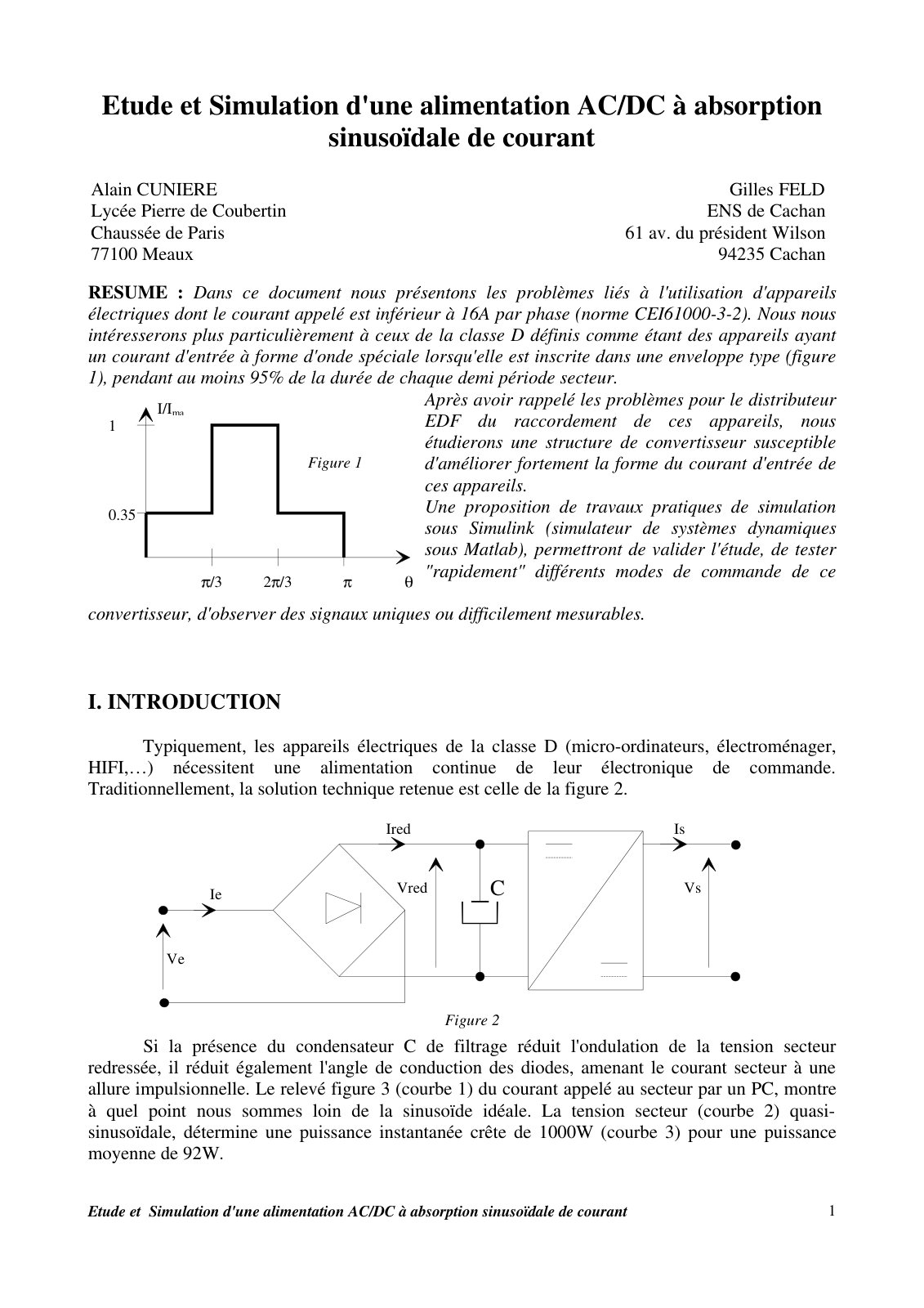 First page of Etude et Simulation d'une alimentation AC/DC à absorption sinusoïdale de courant