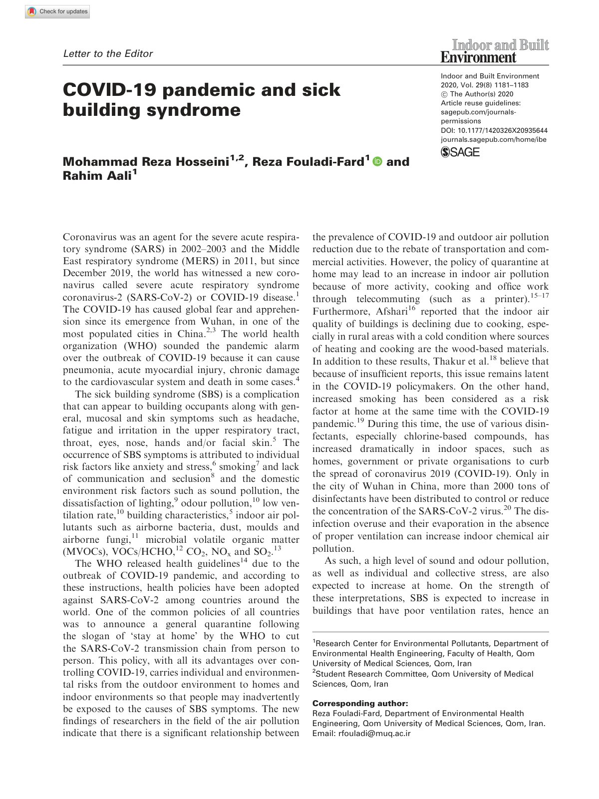 First page of COVID 19 pandemic and sick building synd