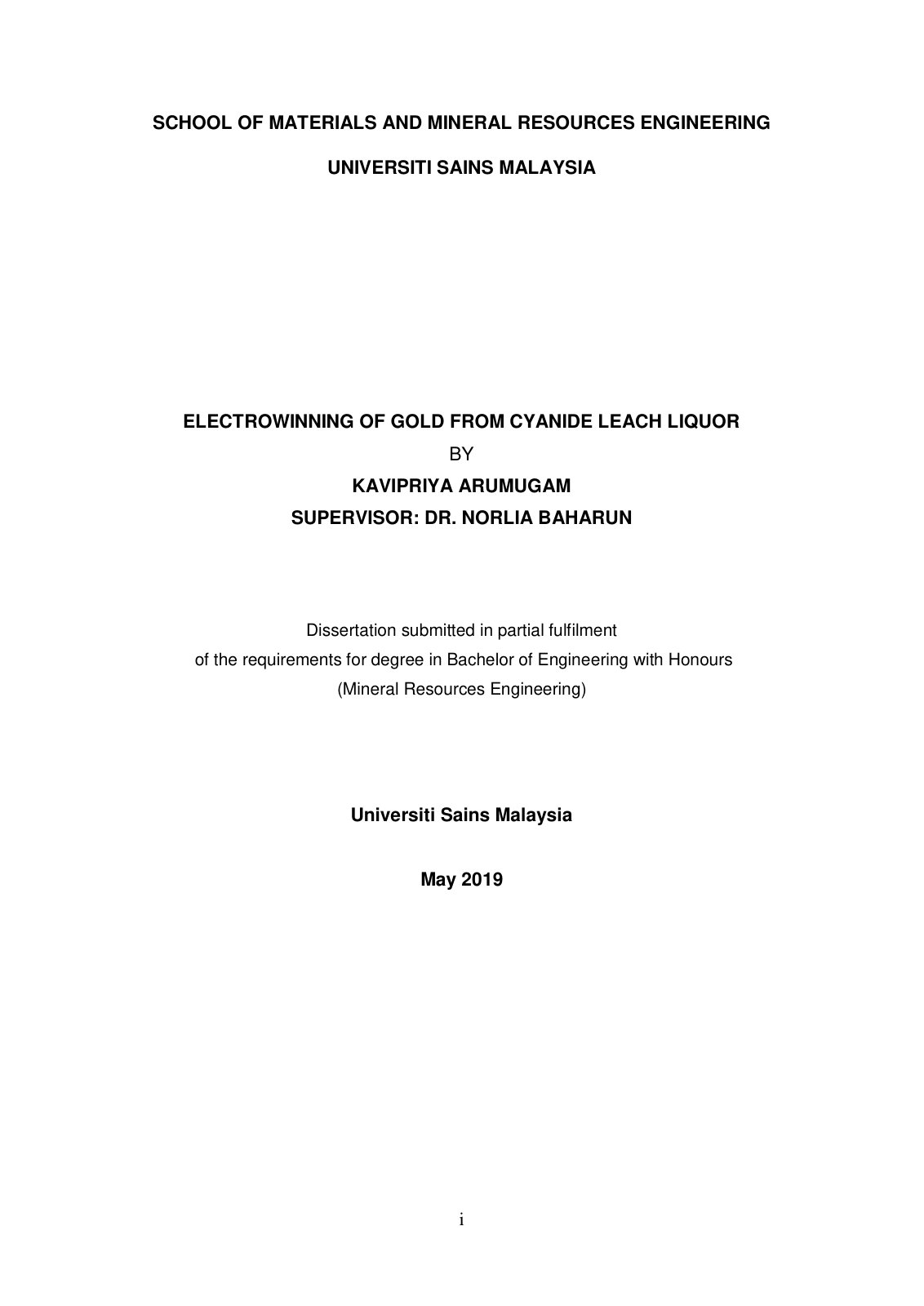 First page of Electrowinning of Gold from Cyanide Leach Liquor