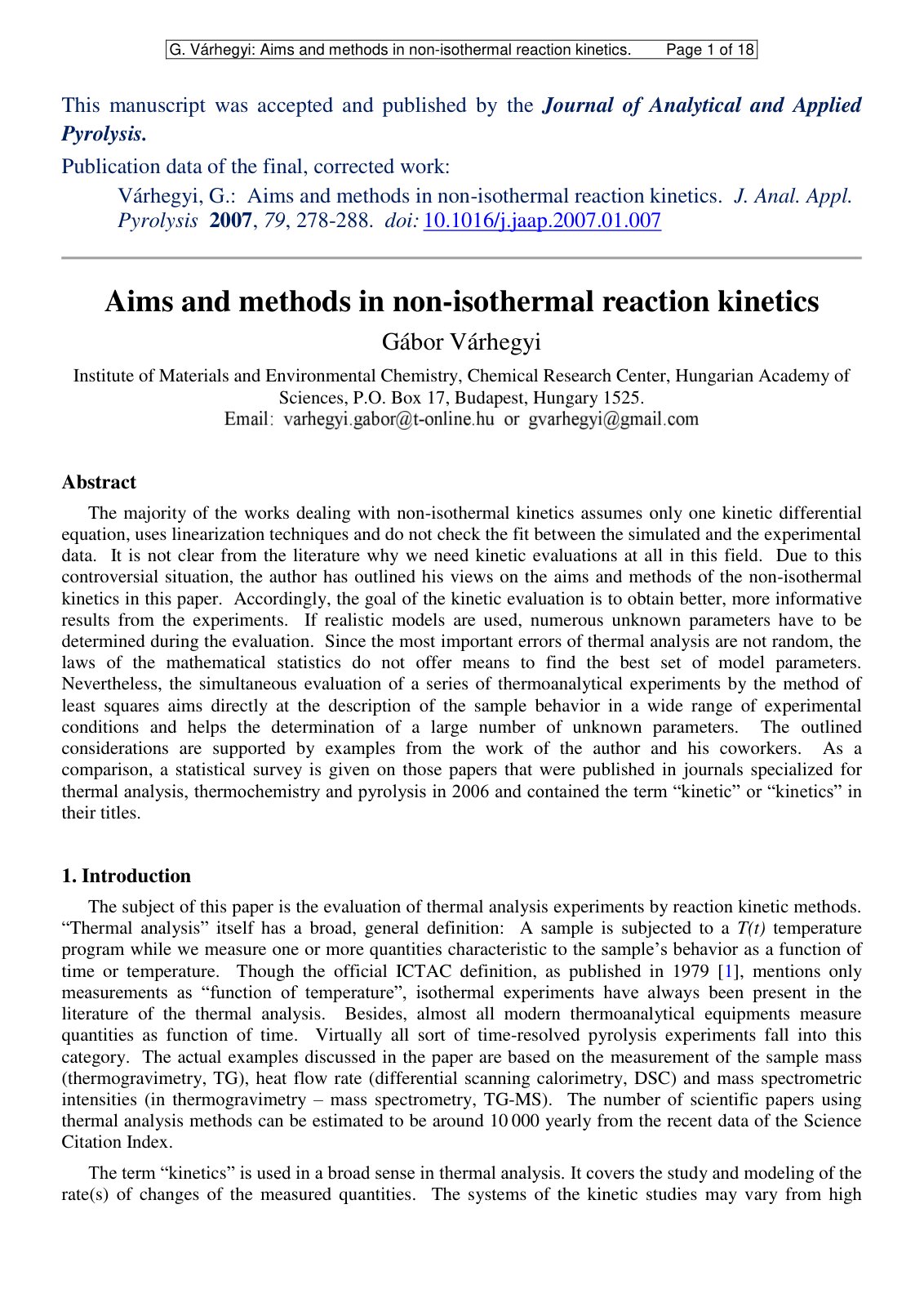 First page of Aims and methods in non-isothermal reaction kinetics