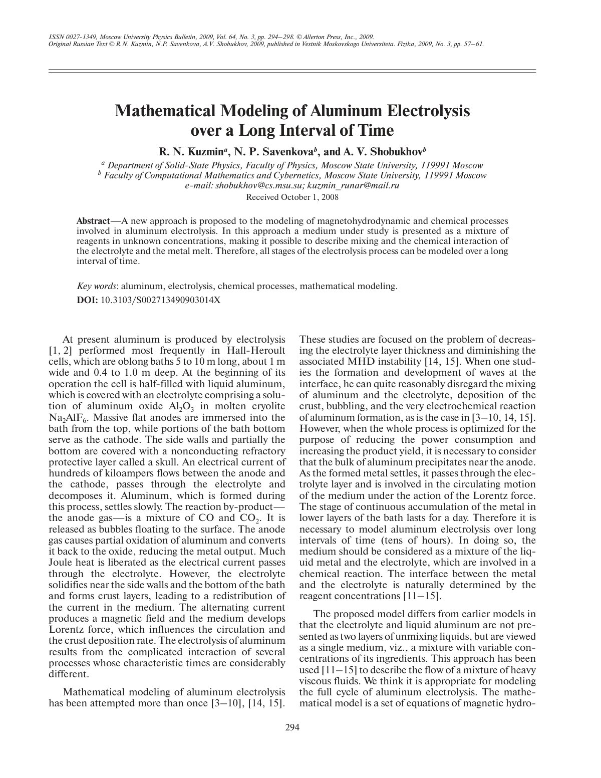 First page of Mathematical modeling of aluminum electr