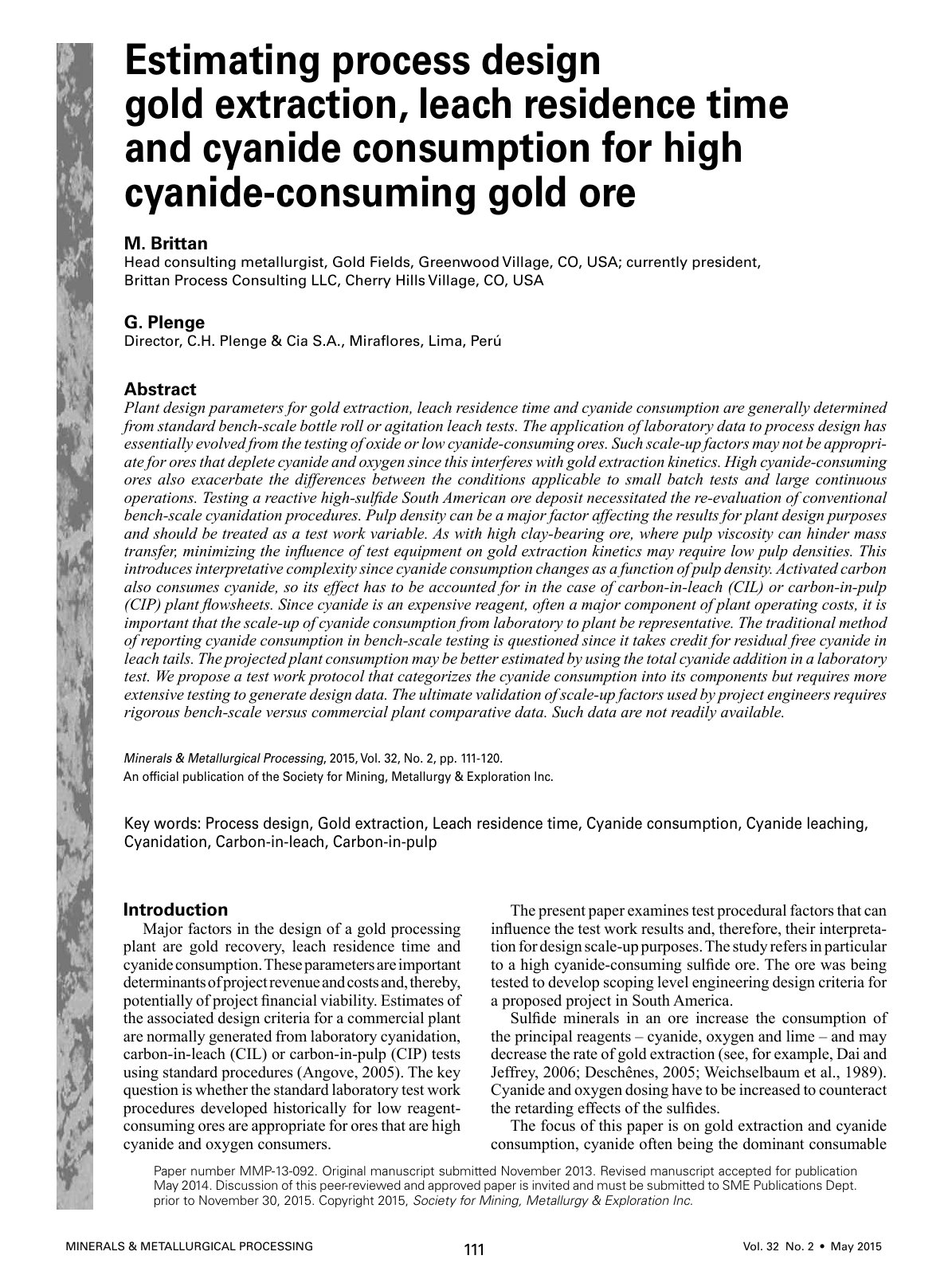 First page of Estimating process design gold extractio