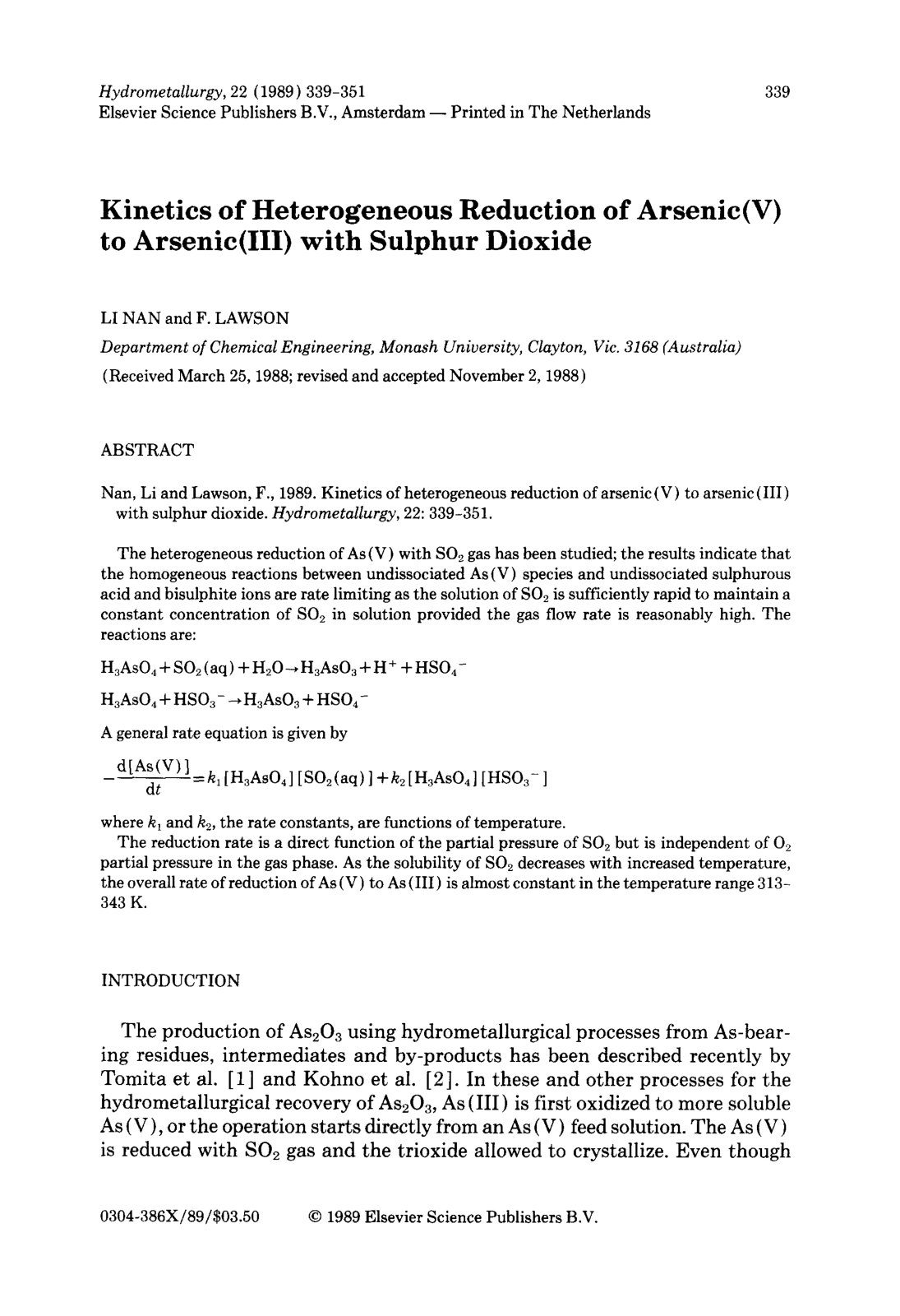First page of Kinetics of heterogeneous reduction of a