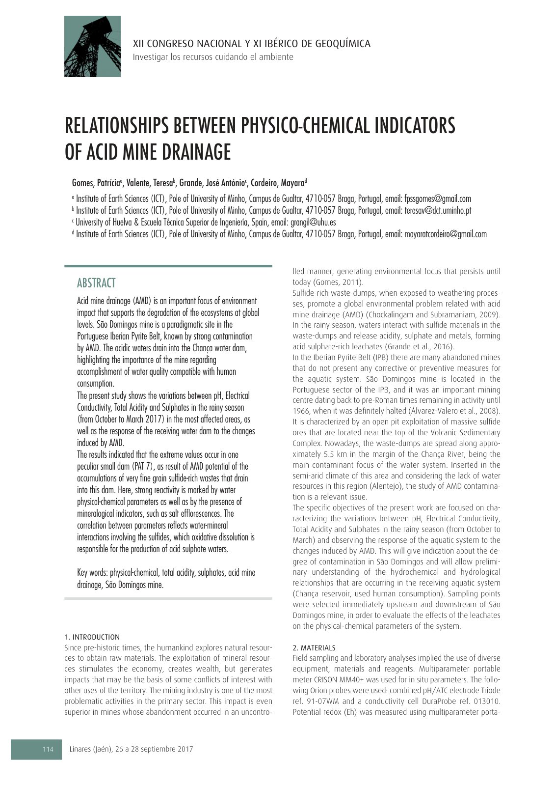 First page of RELATIONSHIPS BETWEEN PHYSICO-CHEMICAL INDICATORS OF ACID MINE DRAINAGE