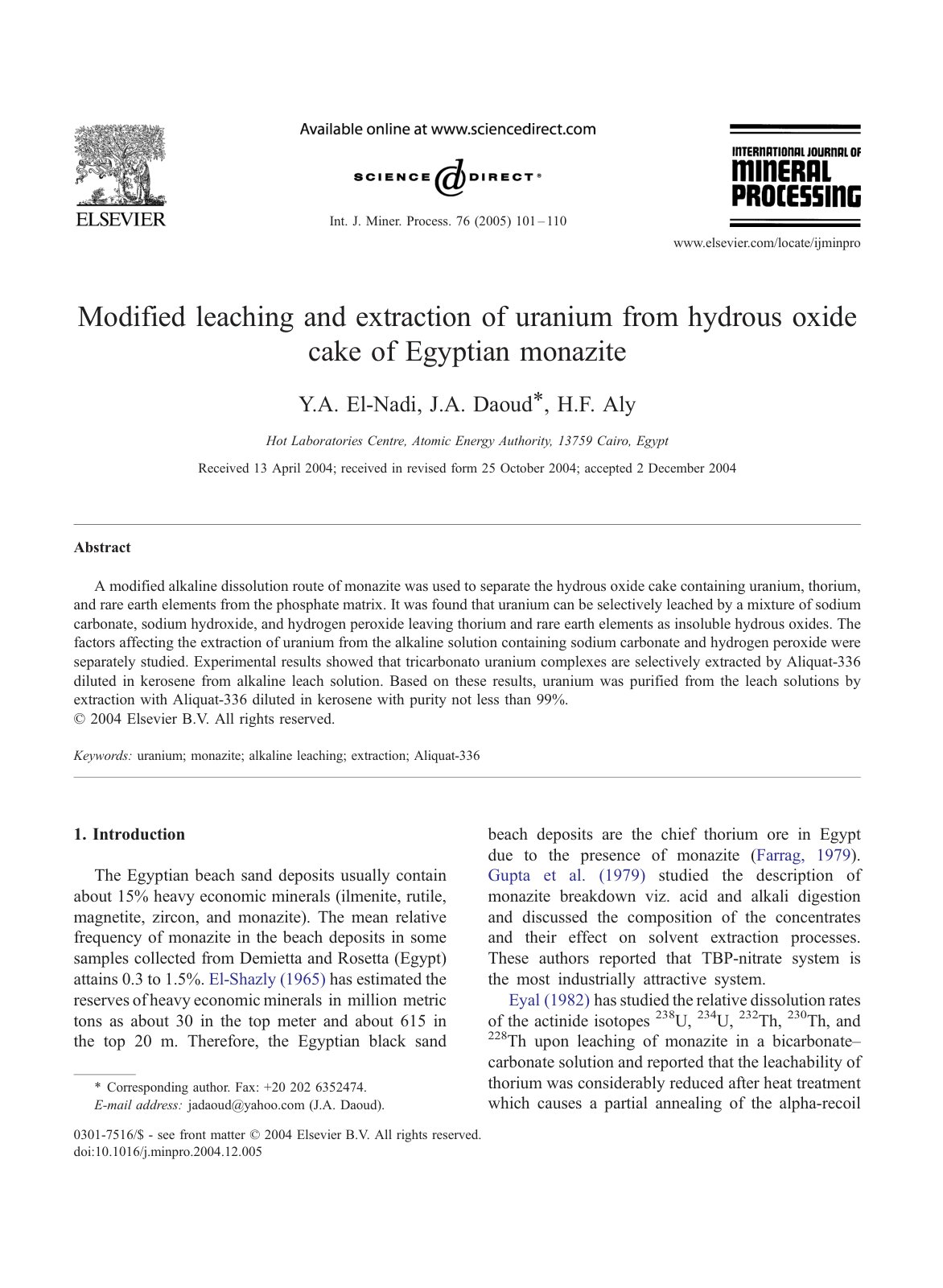 First page of Modified leaching and extraction of uran