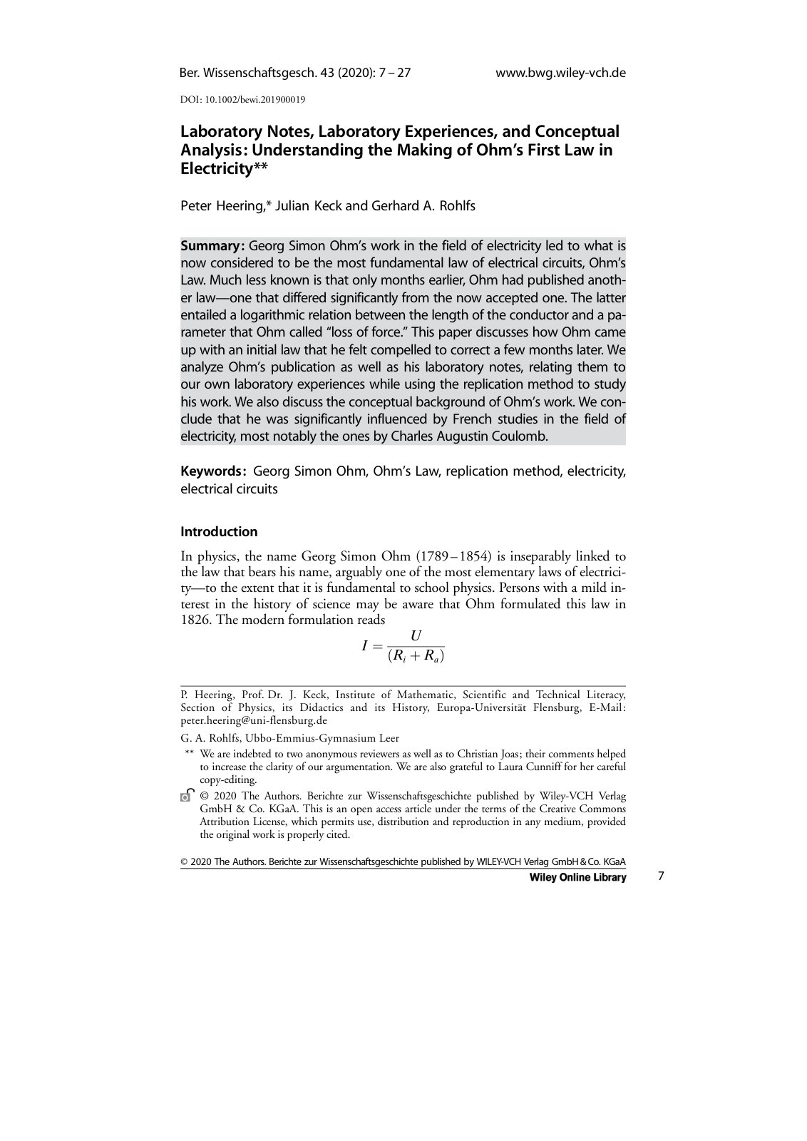 First page of Laboratory Notes, Laboratory Experiences, and Conceptual Analysis: Understanding the Making of Ohm’s First Law in Electricity