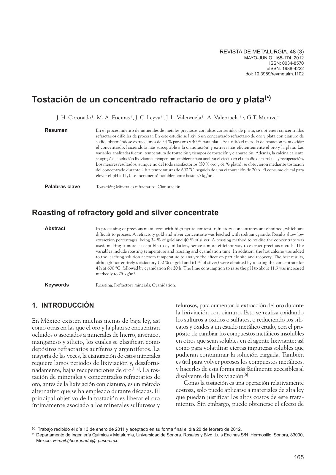 First page of Tostación de un concentrado refractario de oro y plata