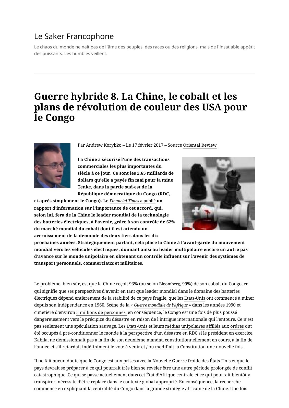 First page of Guerre hybride 8. La Chine, le cobalt et les plans de révolution de couleur des USA pour le Congo – Le Saker Francophone