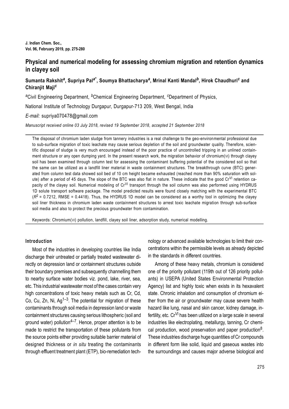 First page of Physical and numerical modeling for assessing chromium migration and retention dynamics in clayey soil