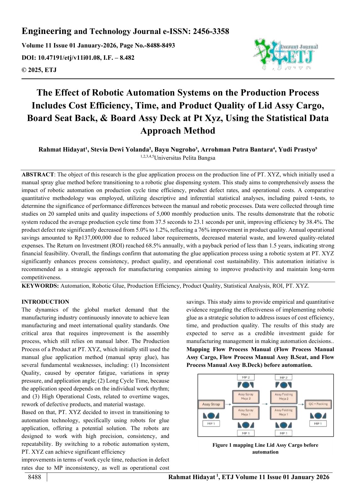 First page of The Effect of Robotic Automation Systems on the Production Process  Includes Cost Efficiency, Time, and Product Quality of Lid Assy Cargo,  Board Seat Back, & Board Assy Deck at Pt Xyz, Using the Statistical Data  Approach Method 
