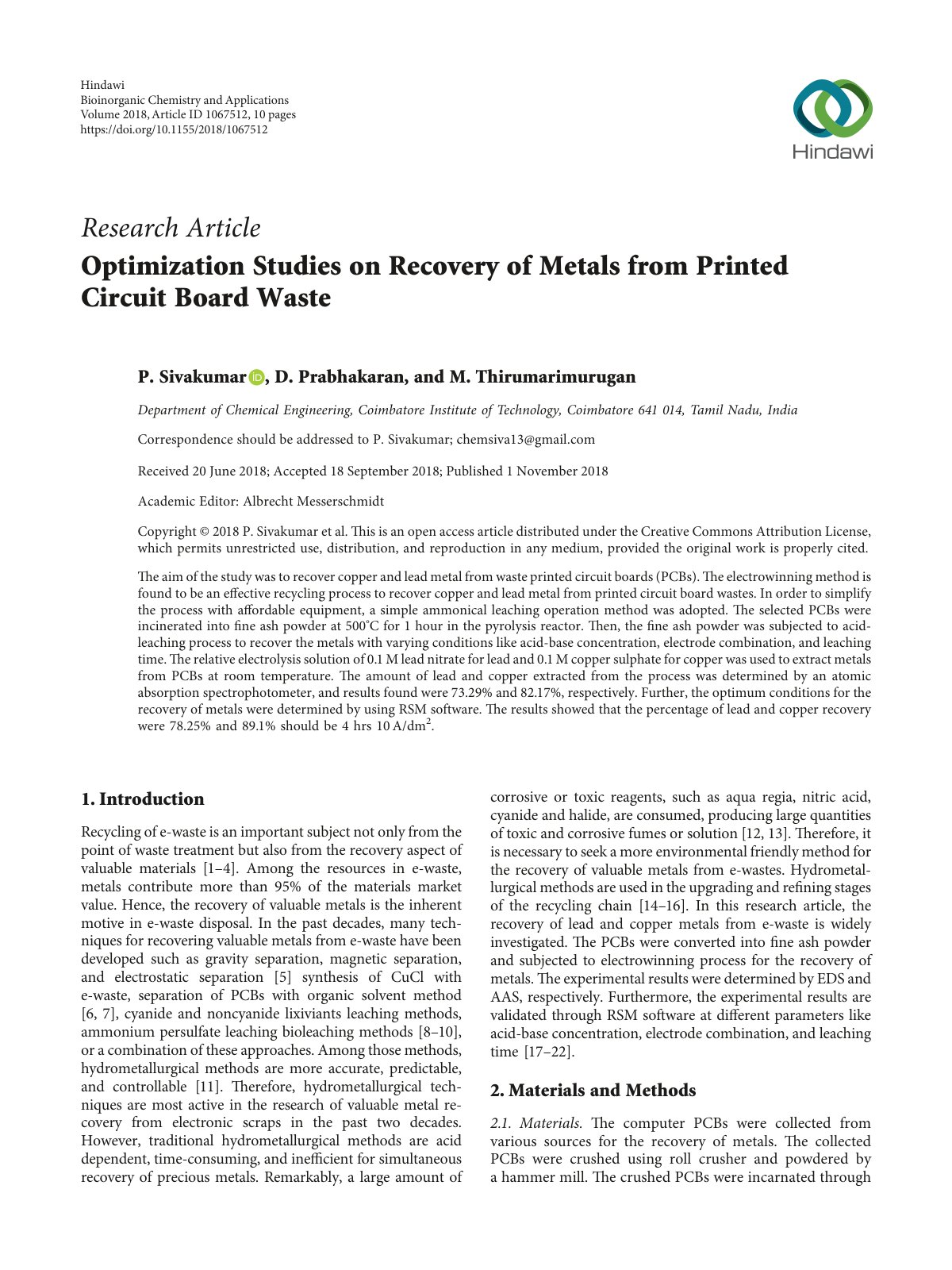 First page of Optimization Studies on Recovery of Meta