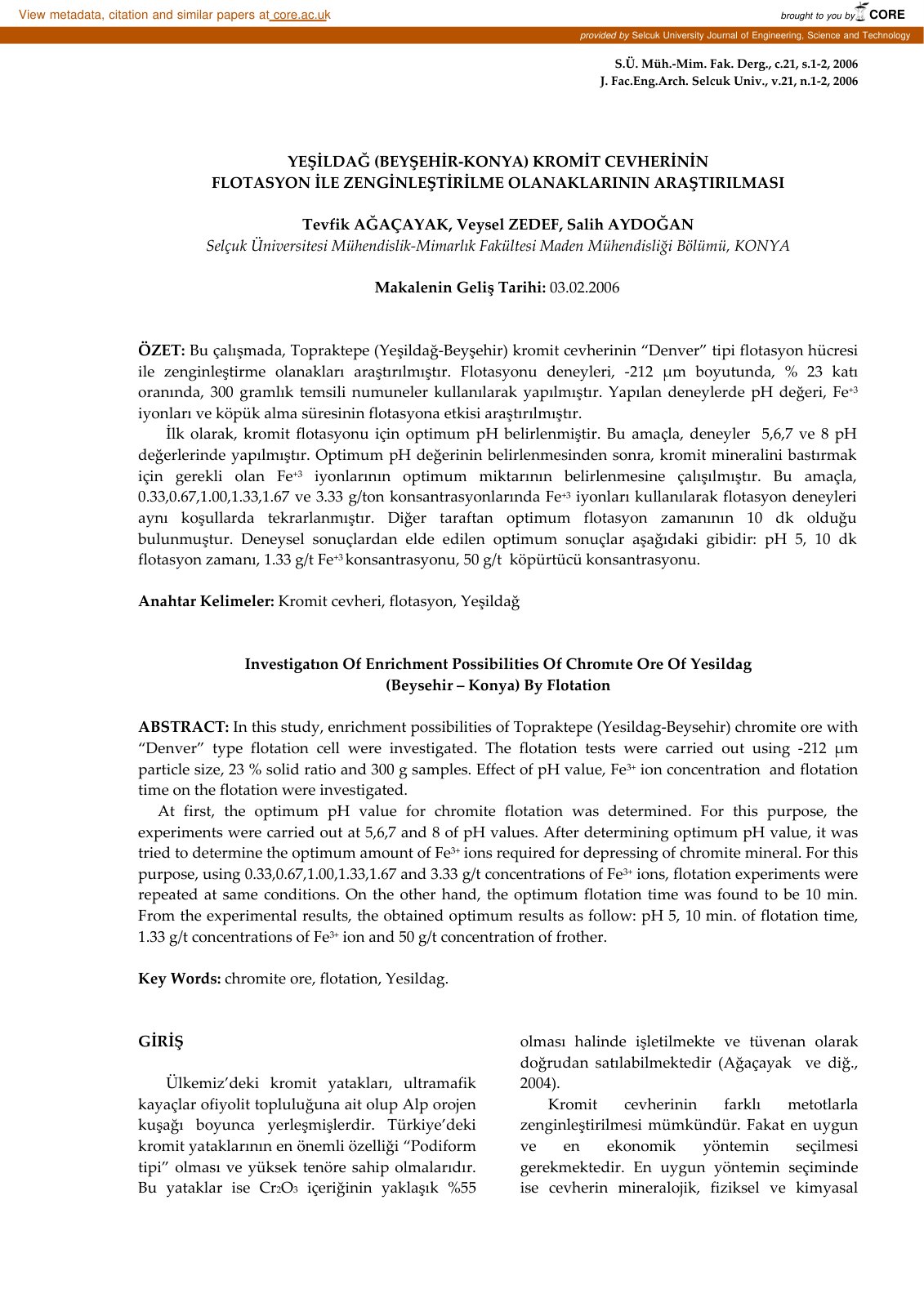 First page of Yesi ldag Beysehi r Konya Kromi t Cevher