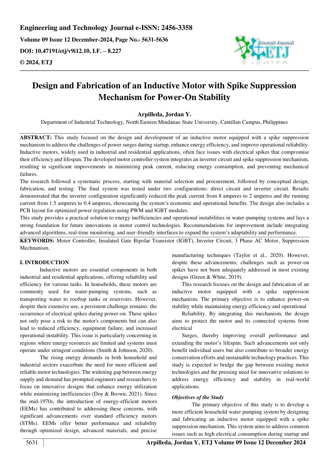 First page of Design and Fabrication of an Inductive Motor with Spike Suppression 