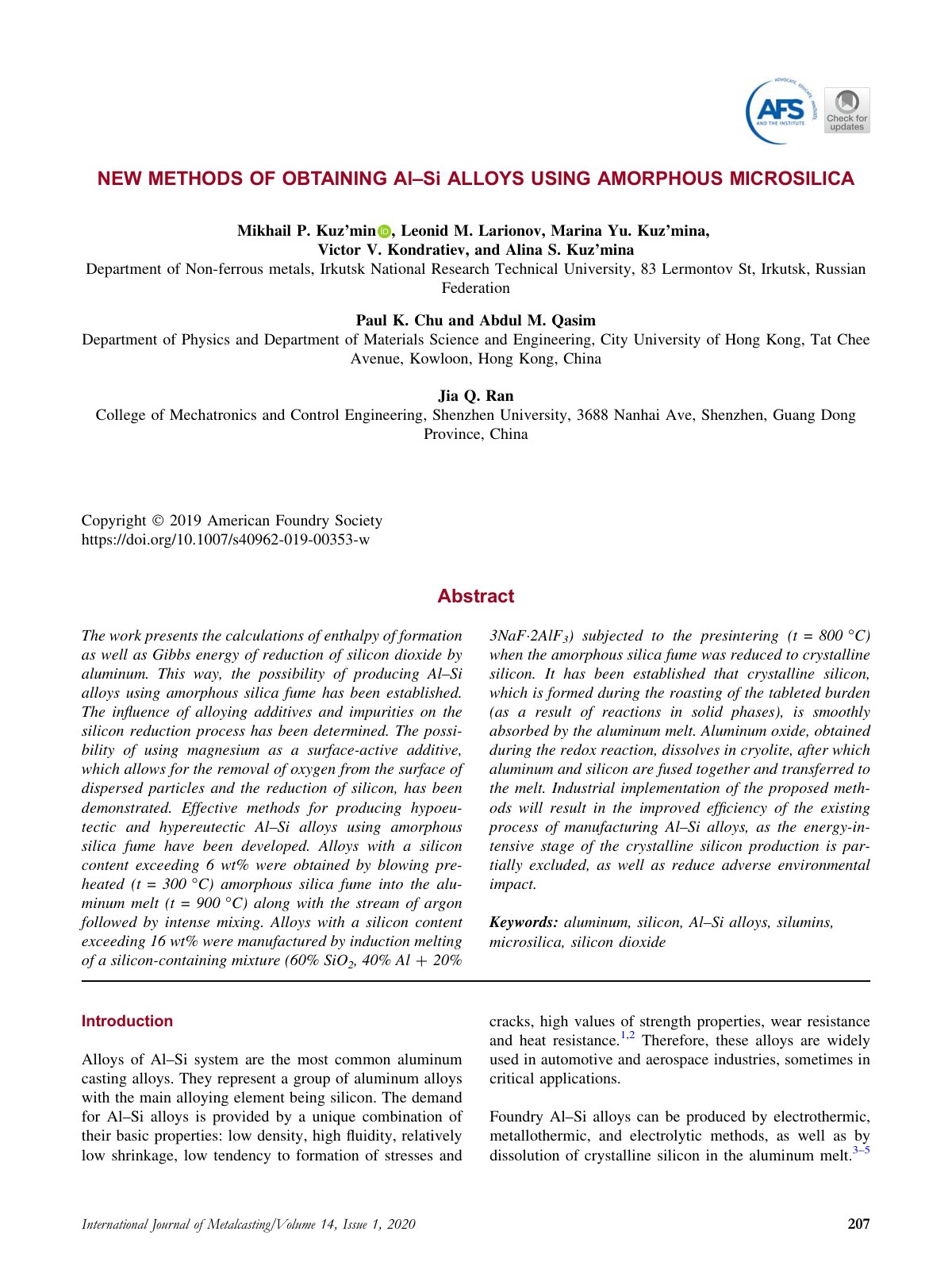 First page of NEW METHODS OF OBTAINING Al–Si ALLOYS USING AMORPHOUS MICROSILICA