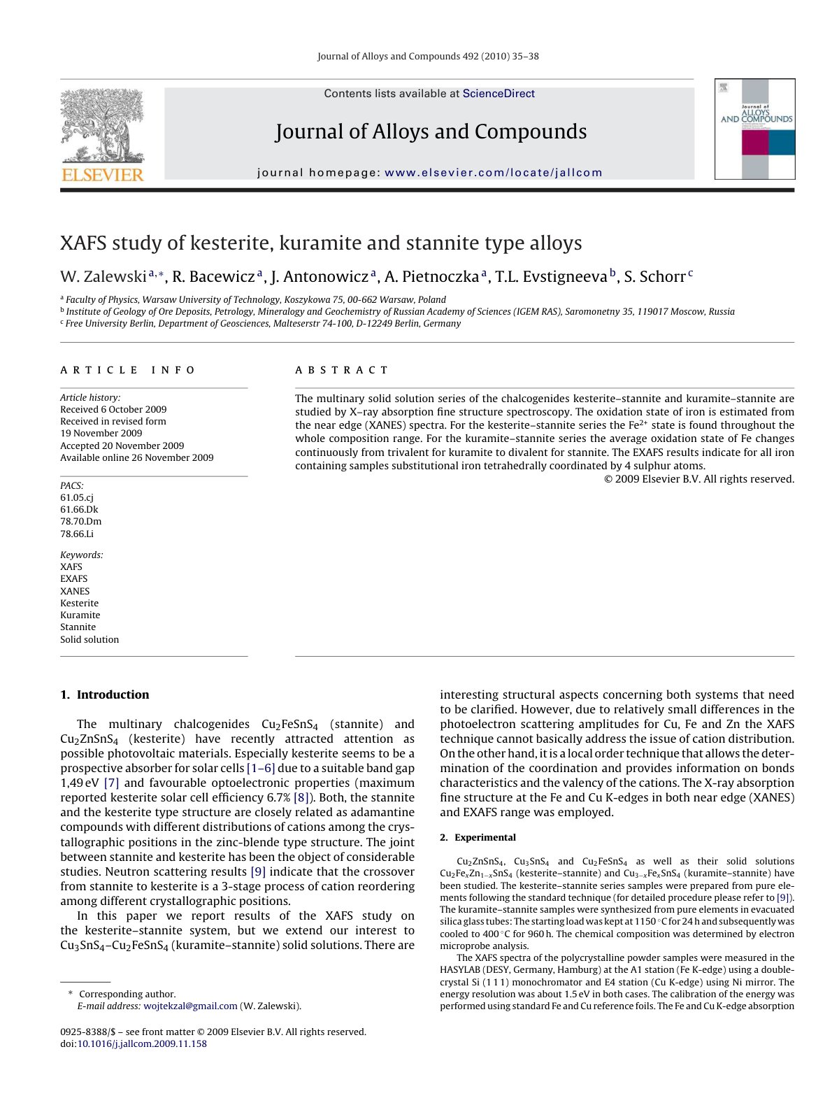 First page of XAFS study of kesterite, kuramite and stannite type alloys