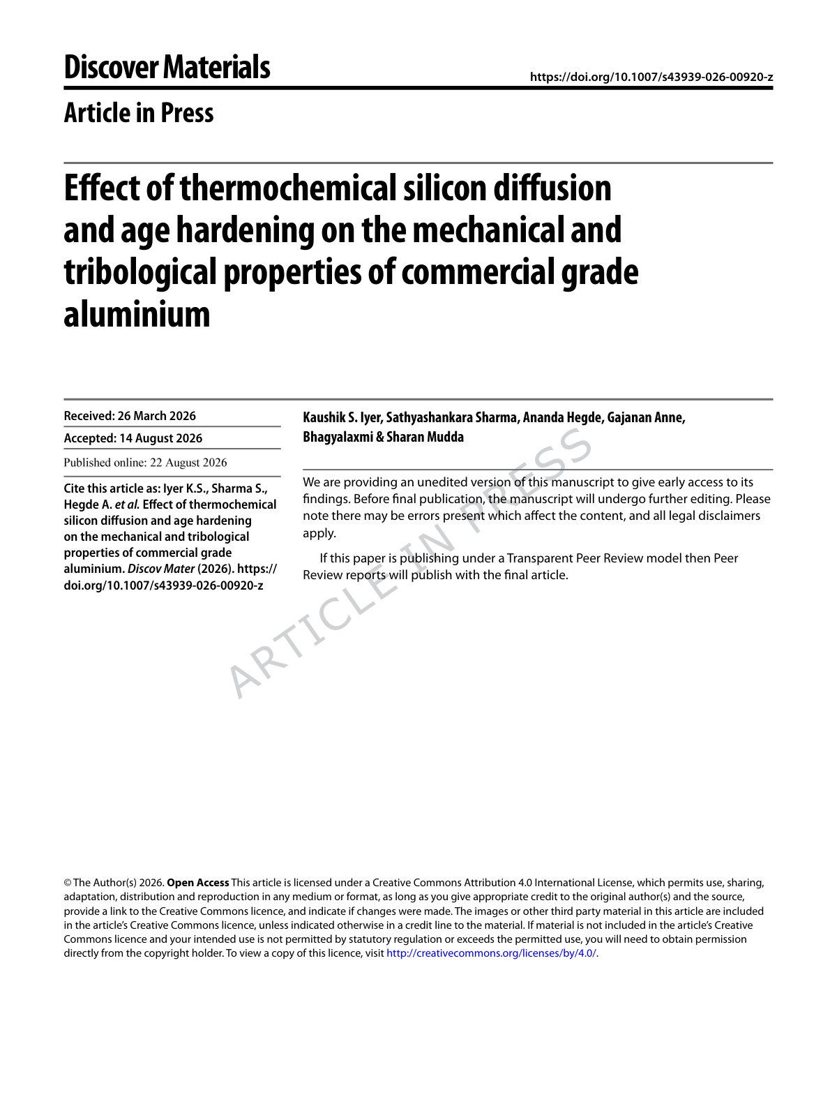 First page of 2026 Iyer Silicon Diffusion Age Hardening