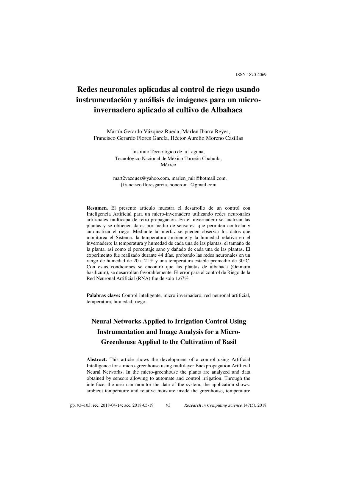 First page of Redes neuronales aplicadas al control de riego usando instrumentación y análisis de imágenes para un micro-invernadero aplicado al cultivo de Albahaca